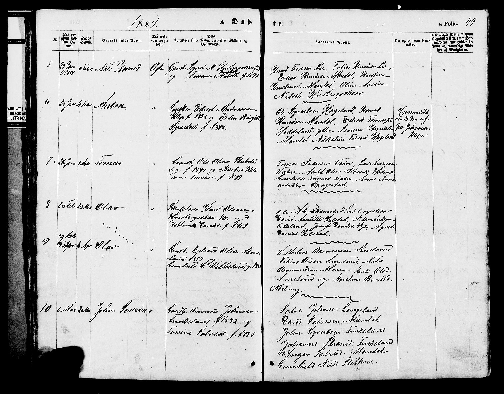 Holum sokneprestkontor, SAK/1111-0022/F/Fb/Fba/L0004: Parish register (copy) no. B 4, 1867-1890, p. 44