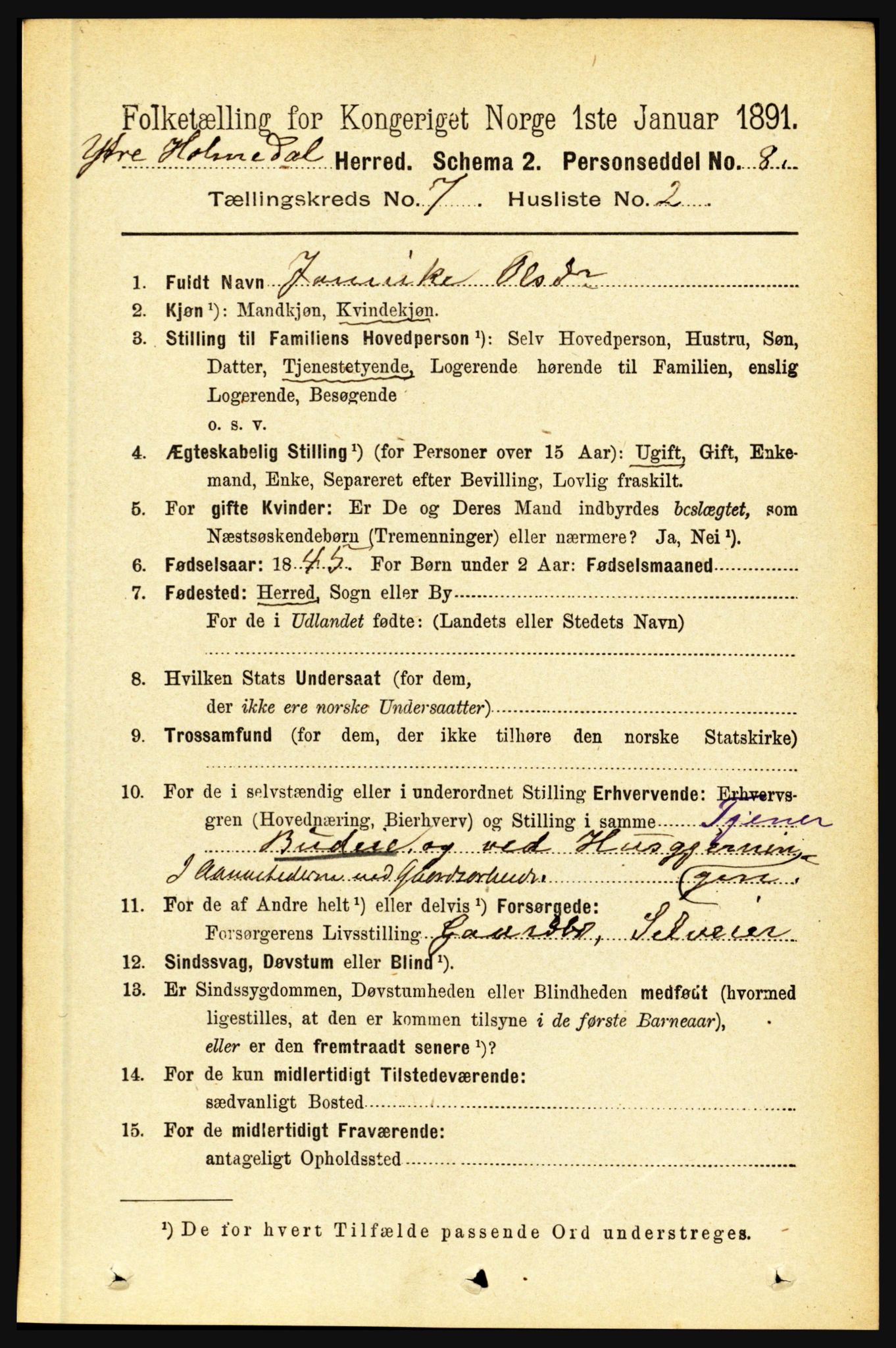 RA, 1891 census for 1429 Ytre Holmedal, 1891, p. 1603