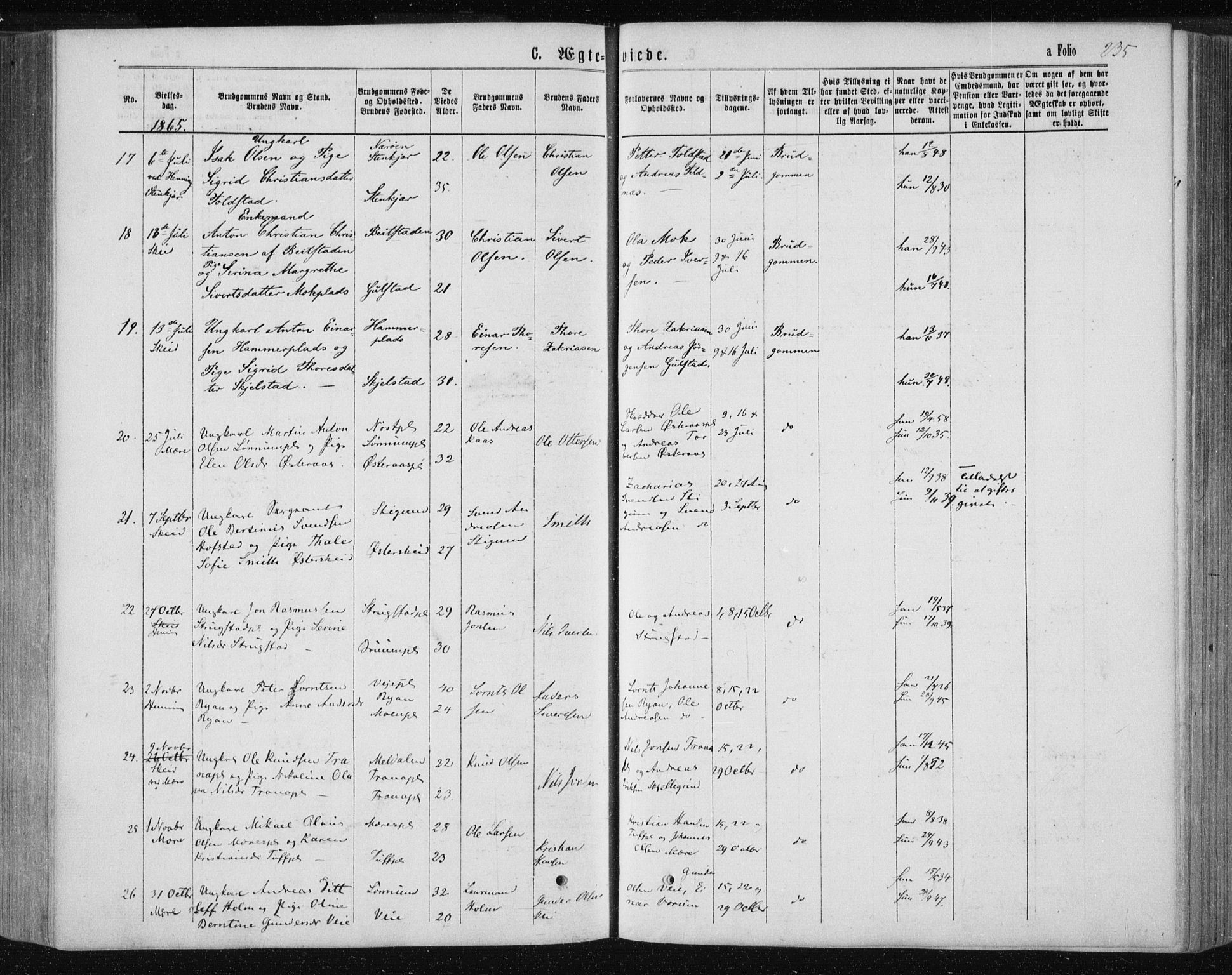 Ministerialprotokoller, klokkerbøker og fødselsregistre - Nord-Trøndelag, AV/SAT-A-1458/735/L0345: Parish register (official) no. 735A08 /1, 1863-1872, p. 235