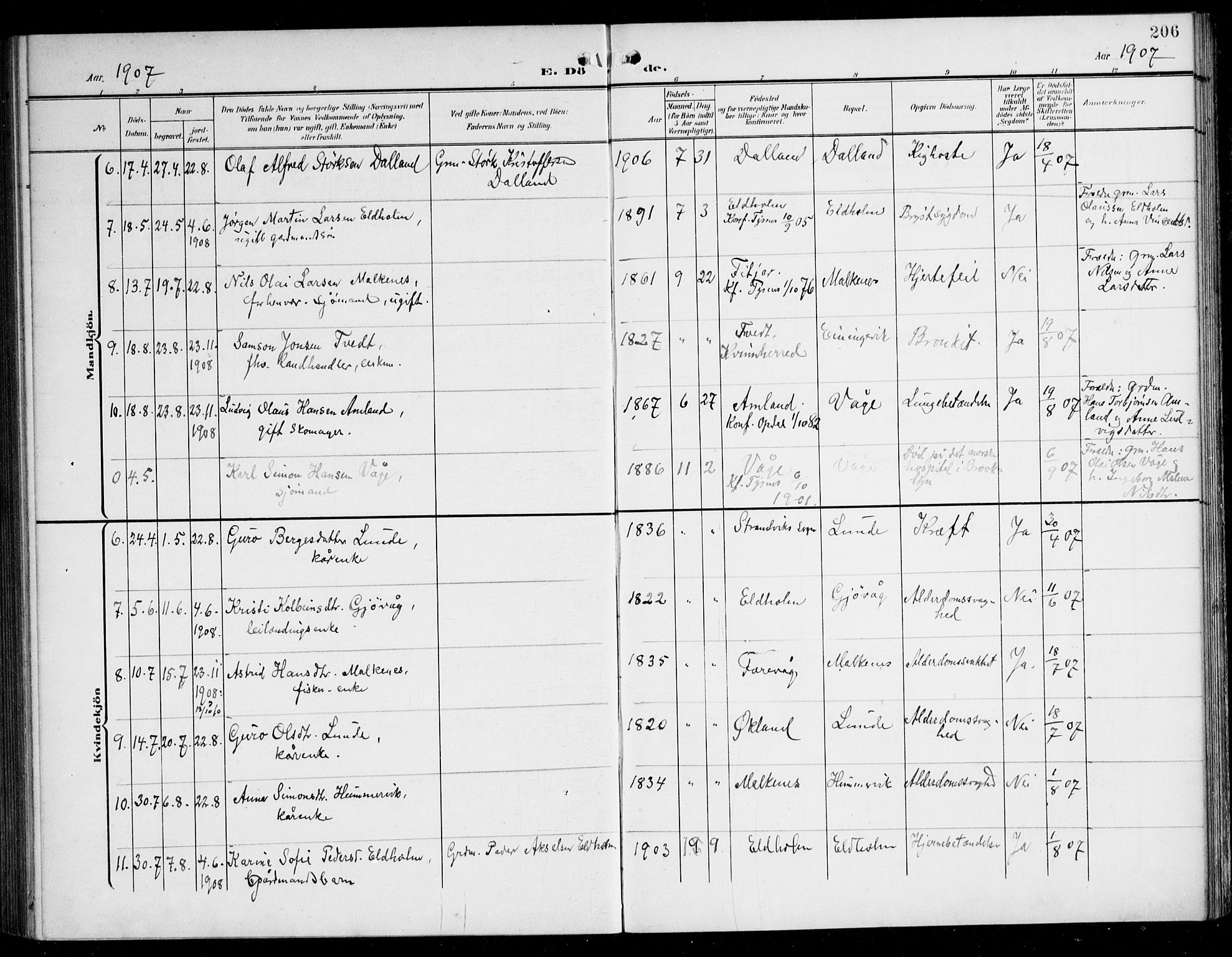 Tysnes sokneprestembete, SAB/A-78601/H/Haa: Parish register (official) no. B 2, 1907-1925, p. 206