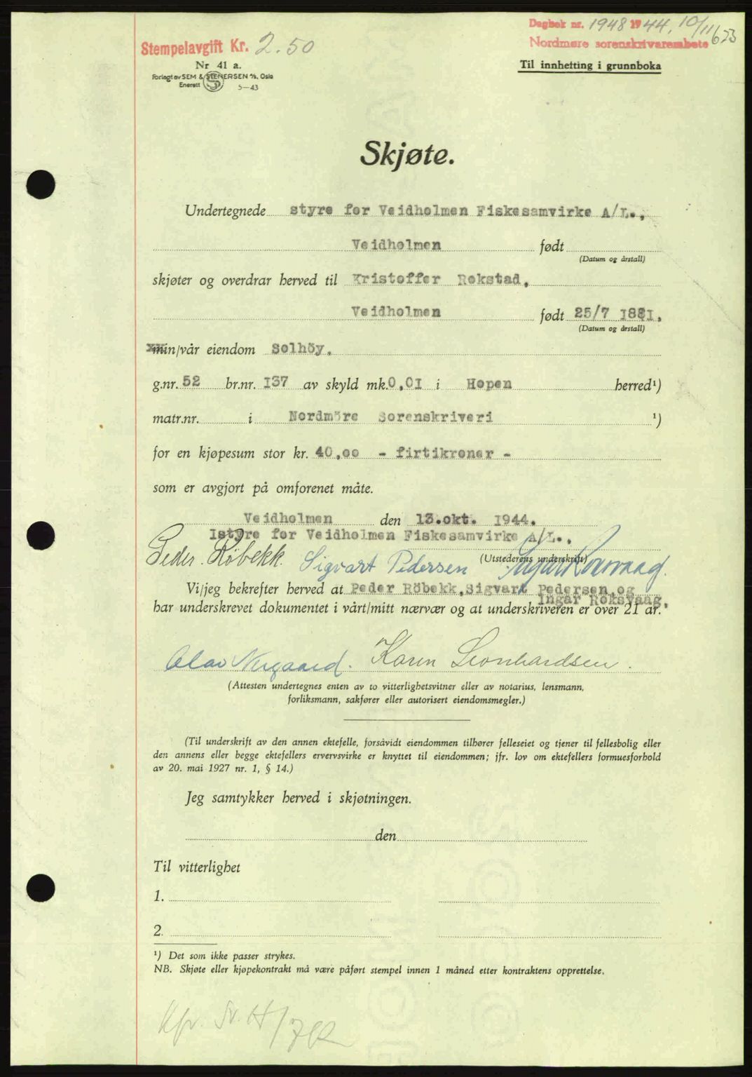 Nordmøre sorenskriveri, AV/SAT-A-4132/1/2/2Ca: Mortgage book no. A98, 1944-1944, Diary no: : 1948/1944