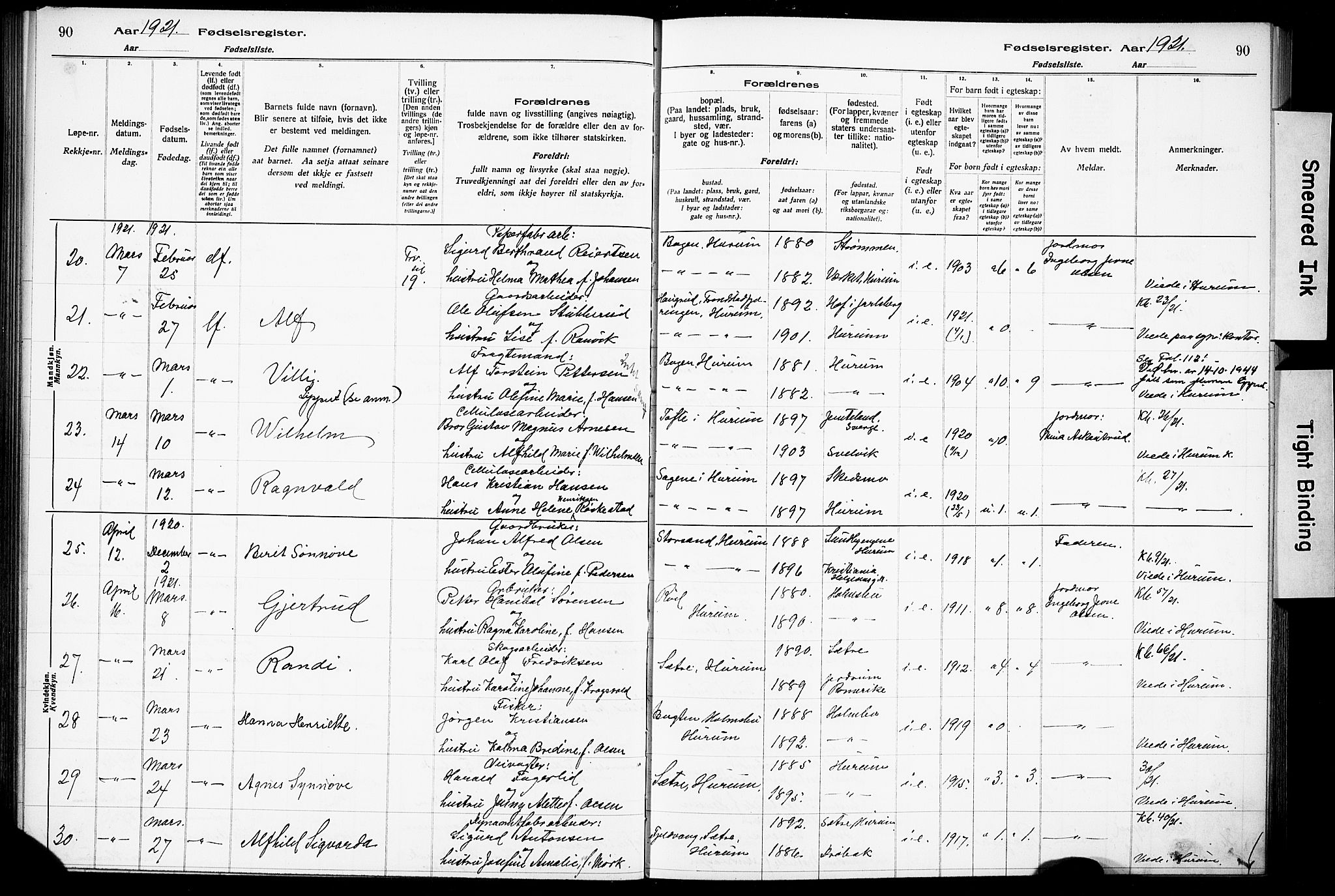 Hurum kirkebøker, AV/SAKO-A-229/J/Ja/L0001: Birth register no. 1, 1916-1928, p. 90