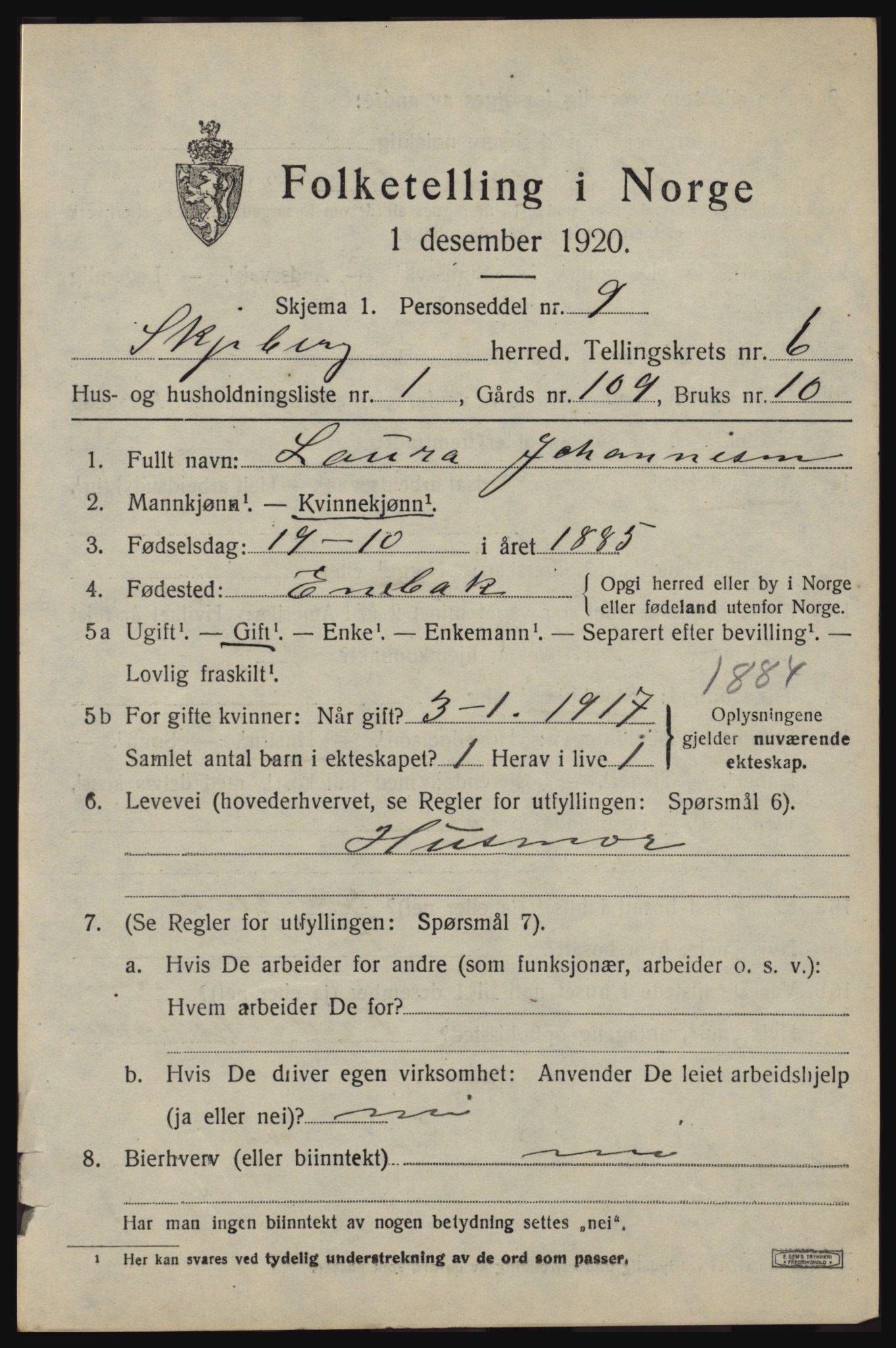 SAO, 1920 census for Skjeberg, 1920, p. 6615