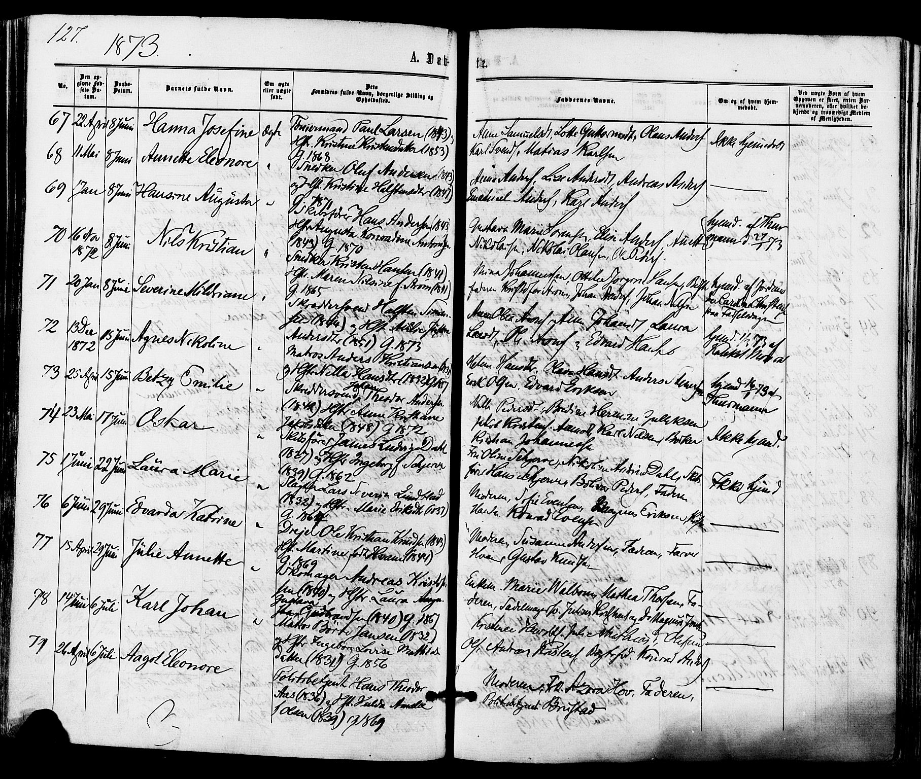 Tønsberg kirkebøker, AV/SAKO-A-330/F/Fa/L0009: Parish register (official) no. I 9, 1865-1873, p. 127