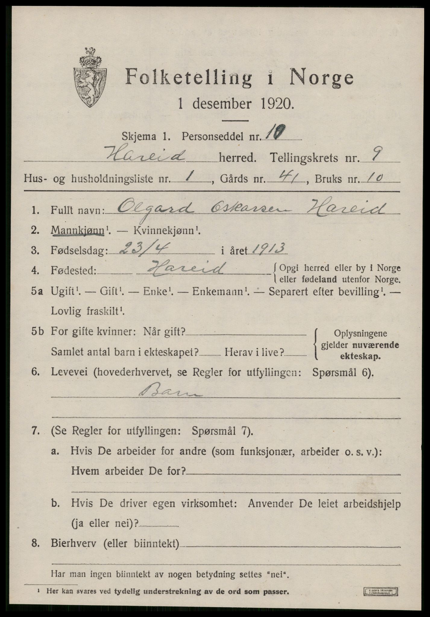 SAT, 1920 census for Hareid, 1920, p. 3177