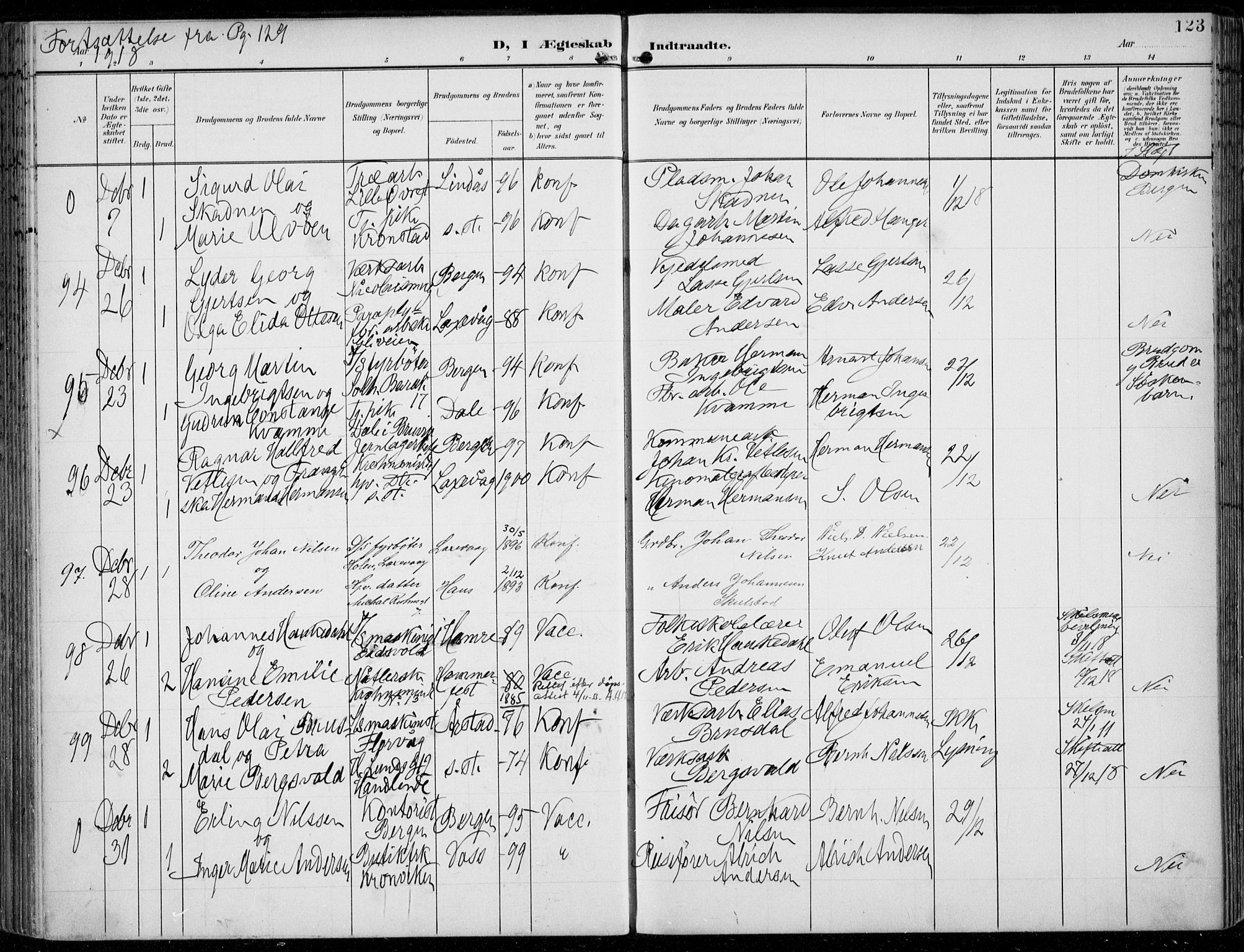 Årstad Sokneprestembete, AV/SAB-A-79301/H/Haa/L0009: Parish register (official) no. C 1, 1902-1918, p. 123