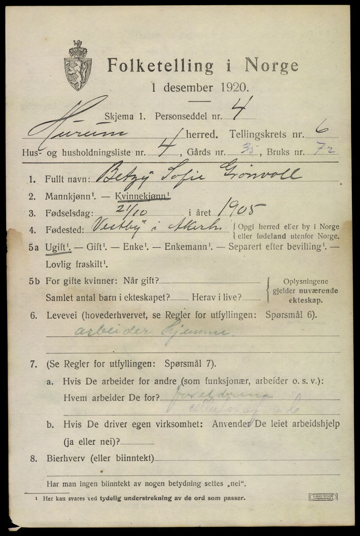 SAKO, 1920 census for Hurum, 1920, p. 7122
