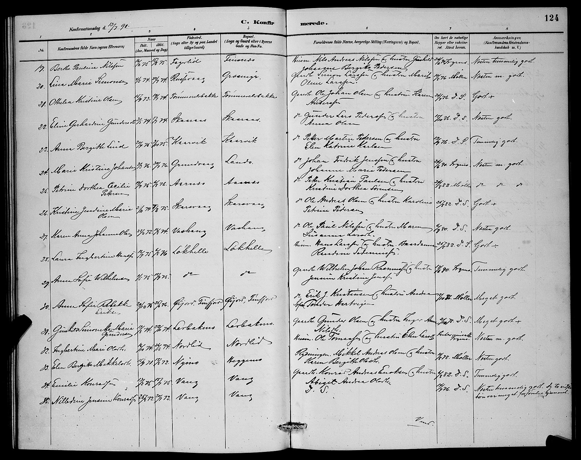 Lenvik sokneprestembete, AV/SATØ-S-1310/H/Ha/Hab/L0007klokker: Parish register (copy) no. 7, 1890-1898, p. 124