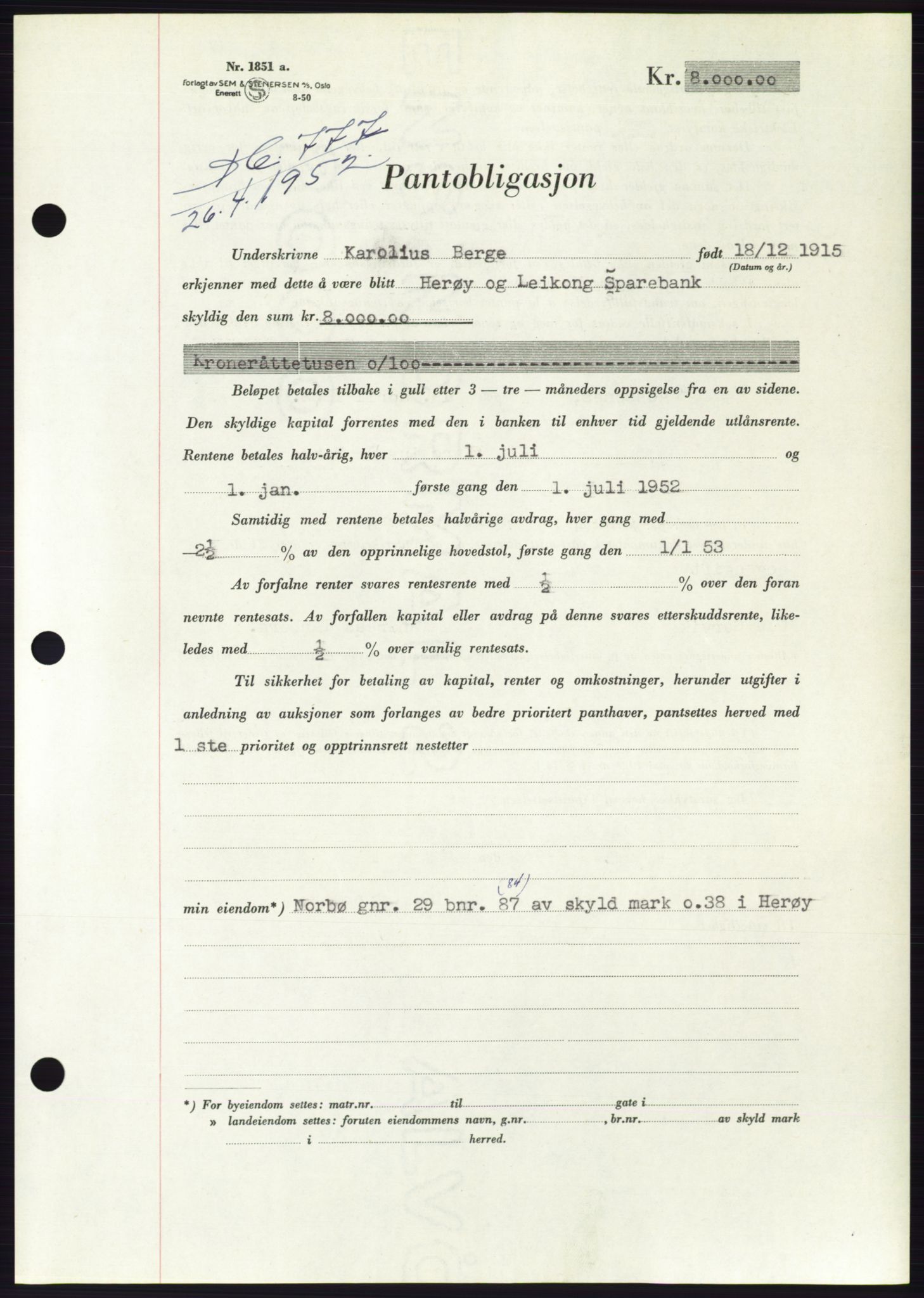 Søre Sunnmøre sorenskriveri, AV/SAT-A-4122/1/2/2C/L0121: Mortgage book no. 9B, 1951-1952, Diary no: : 777/1952