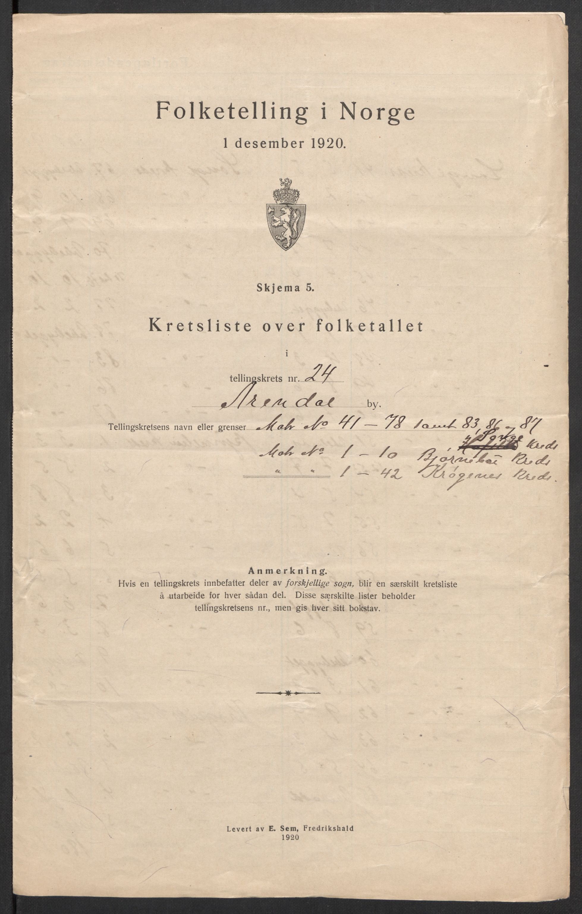 SAK, 1920 census for Arendal, 1920, p. 77