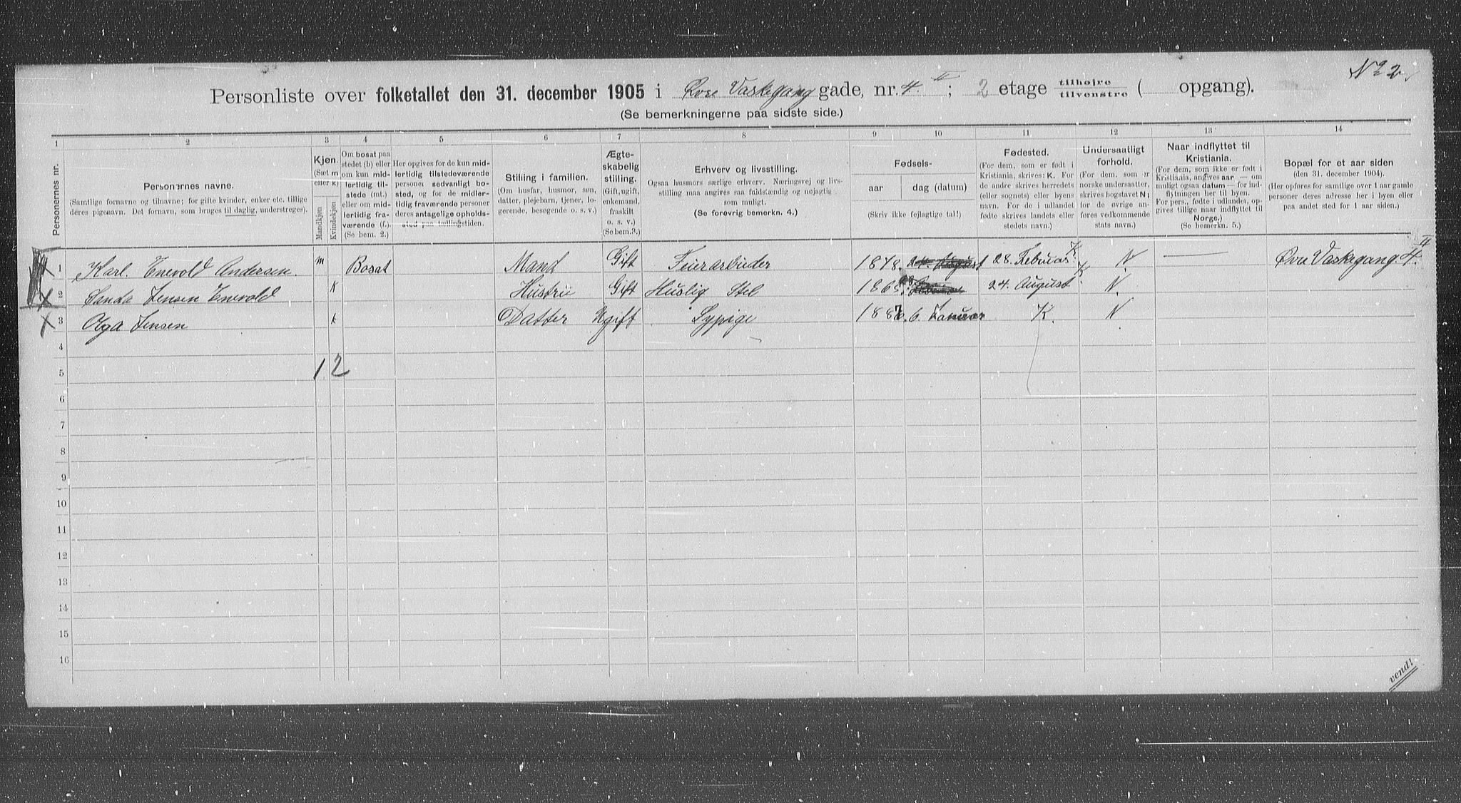 OBA, Municipal Census 1905 for Kristiania, 1905, p. 68364