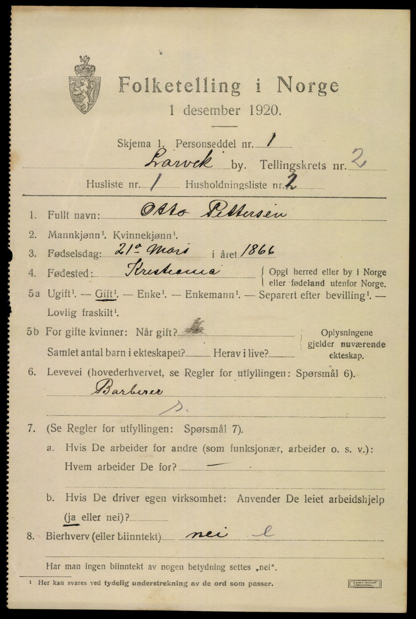 SAKO, 1920 census for Larvik, 1920, p. 10330