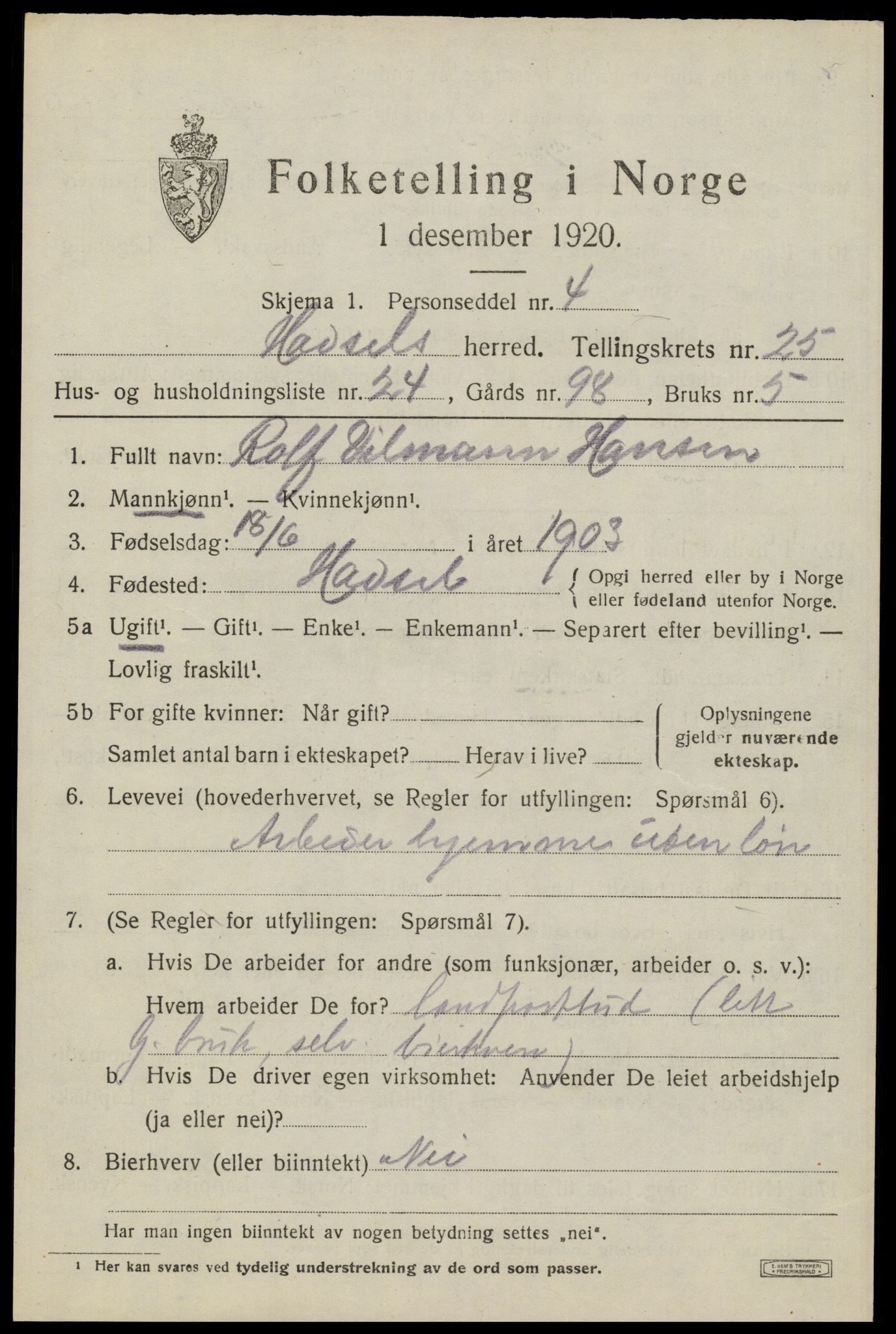 SAT, 1920 census for Hadsel, 1920, p. 22234