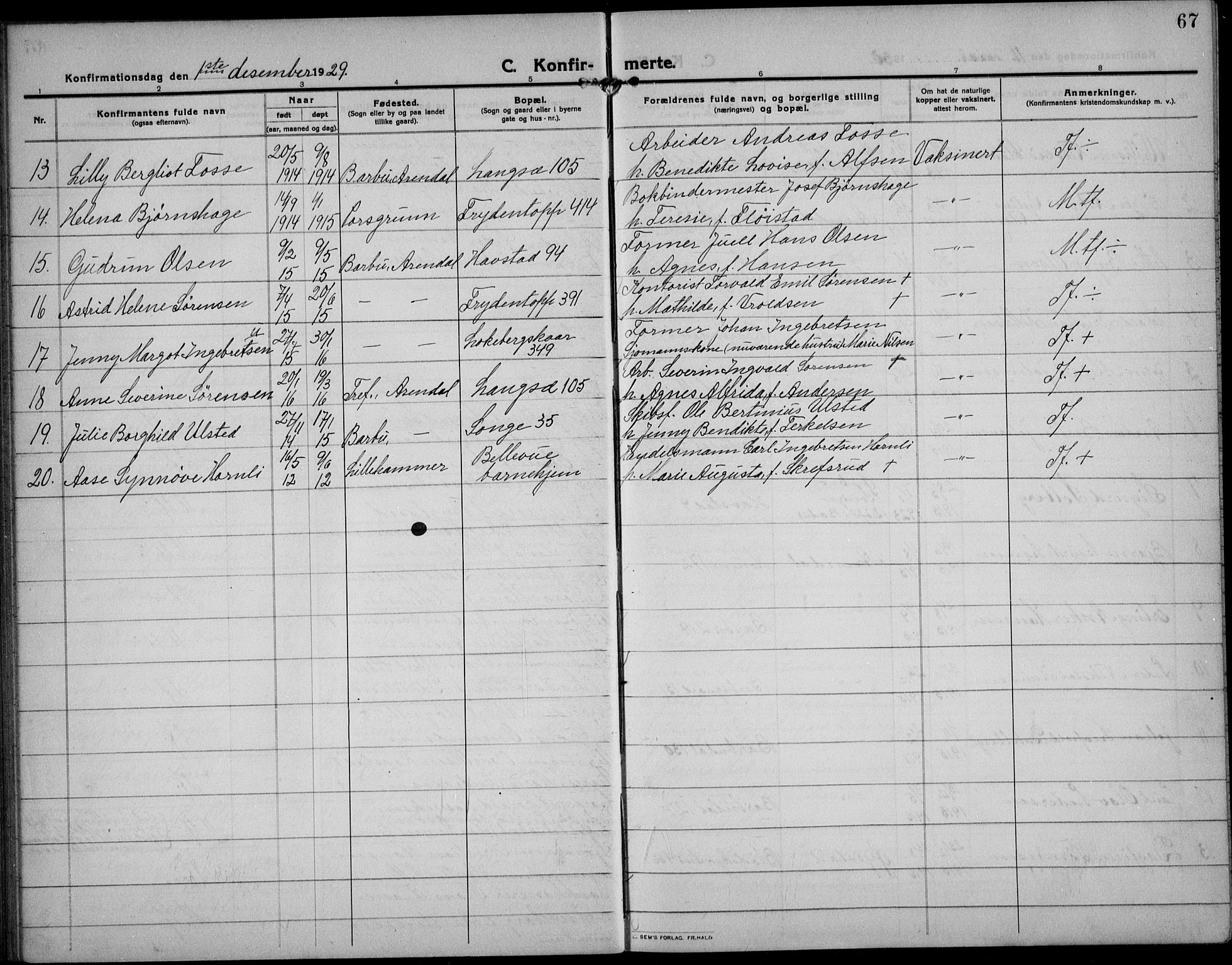 Barbu sokneprestkontor, SAK/1111-0003/F/Fb/L0004: Parish register (copy) no. B 4, 1911-1936, p. 67