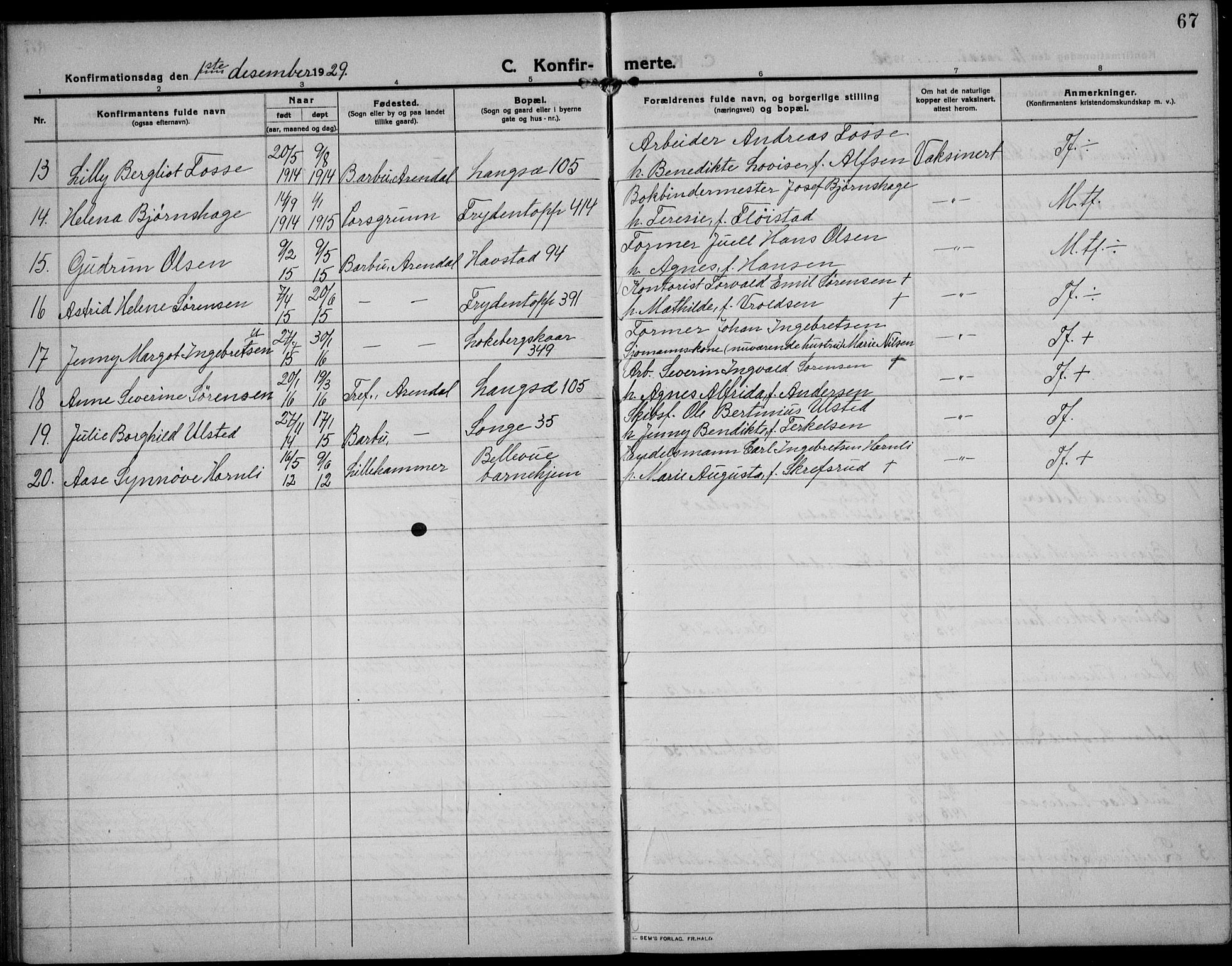 Barbu sokneprestkontor, AV/SAK-1111-0003/F/Fb/L0004: Parish register (copy) no. B 4, 1911-1936, p. 67