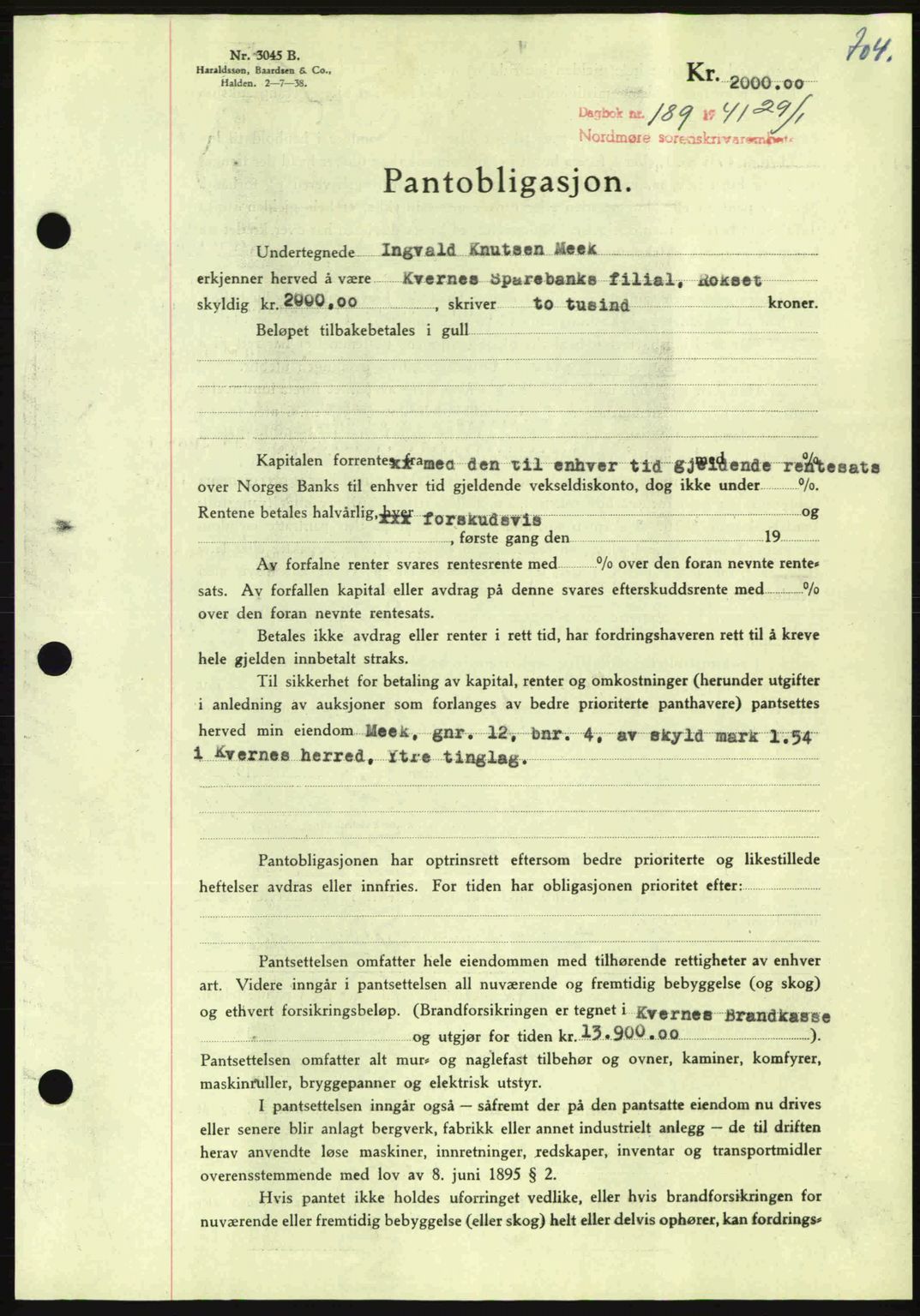 Nordmøre sorenskriveri, AV/SAT-A-4132/1/2/2Ca: Mortgage book no. B87, 1940-1941, Diary no: : 189/1941