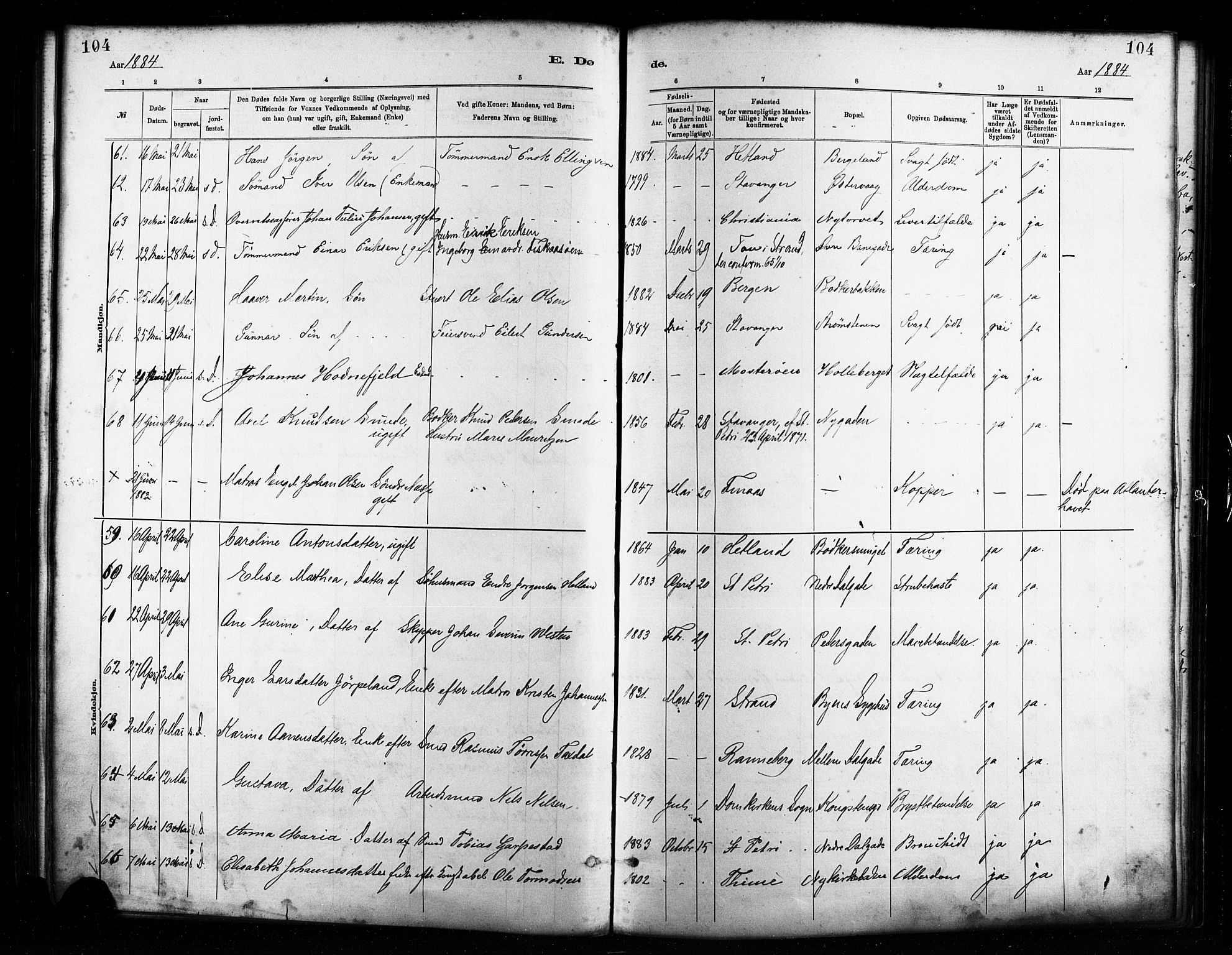 St. Petri sokneprestkontor, AV/SAST-A-101813/001/30/30BA/L0017: Parish register (official) no. A 17, 1879-1895, p. 104