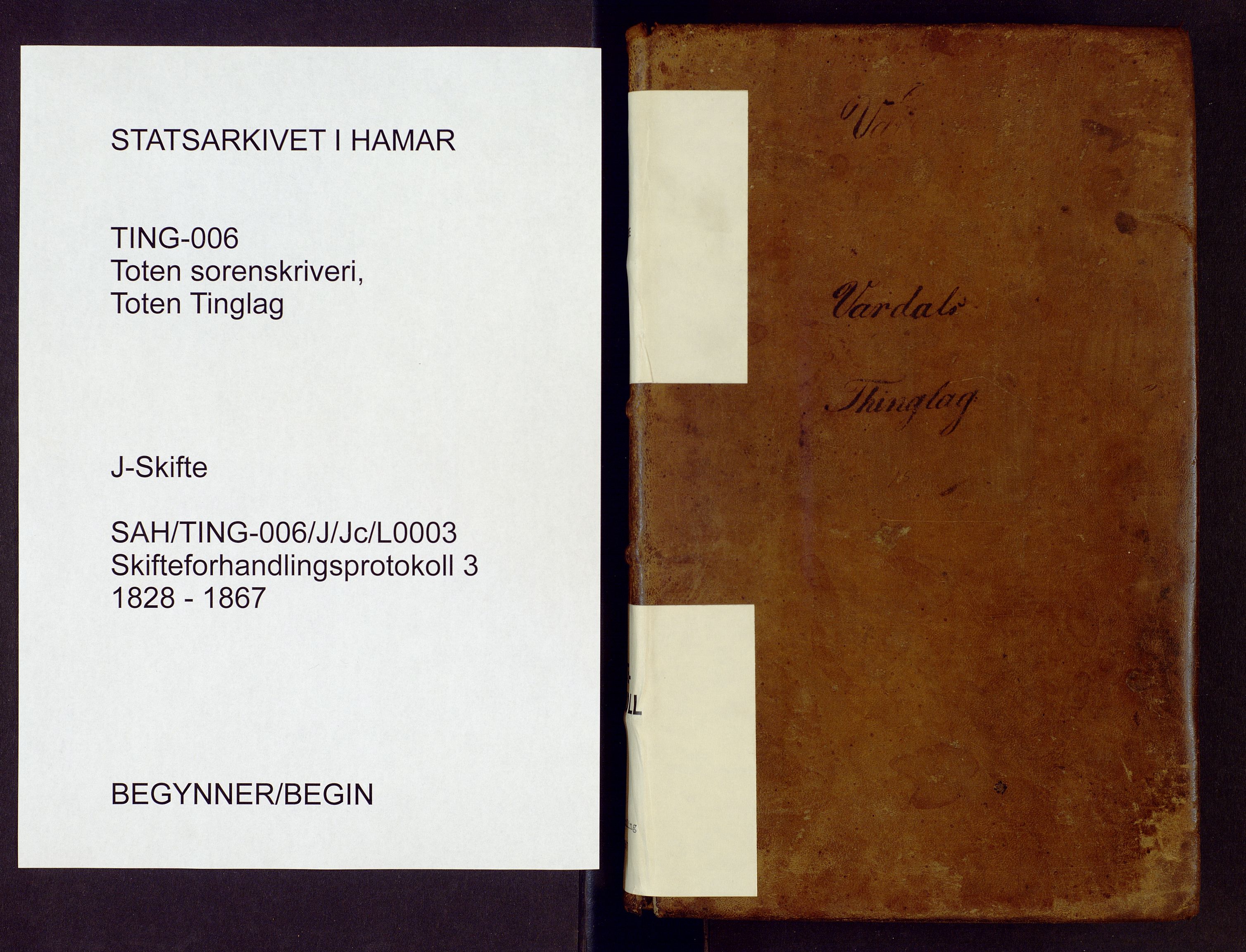 Toten tingrett, AV/SAH-TING-006/J/Jc/L0003: Skiftebehandlingsprotokoll - Vardal, 1828-1867