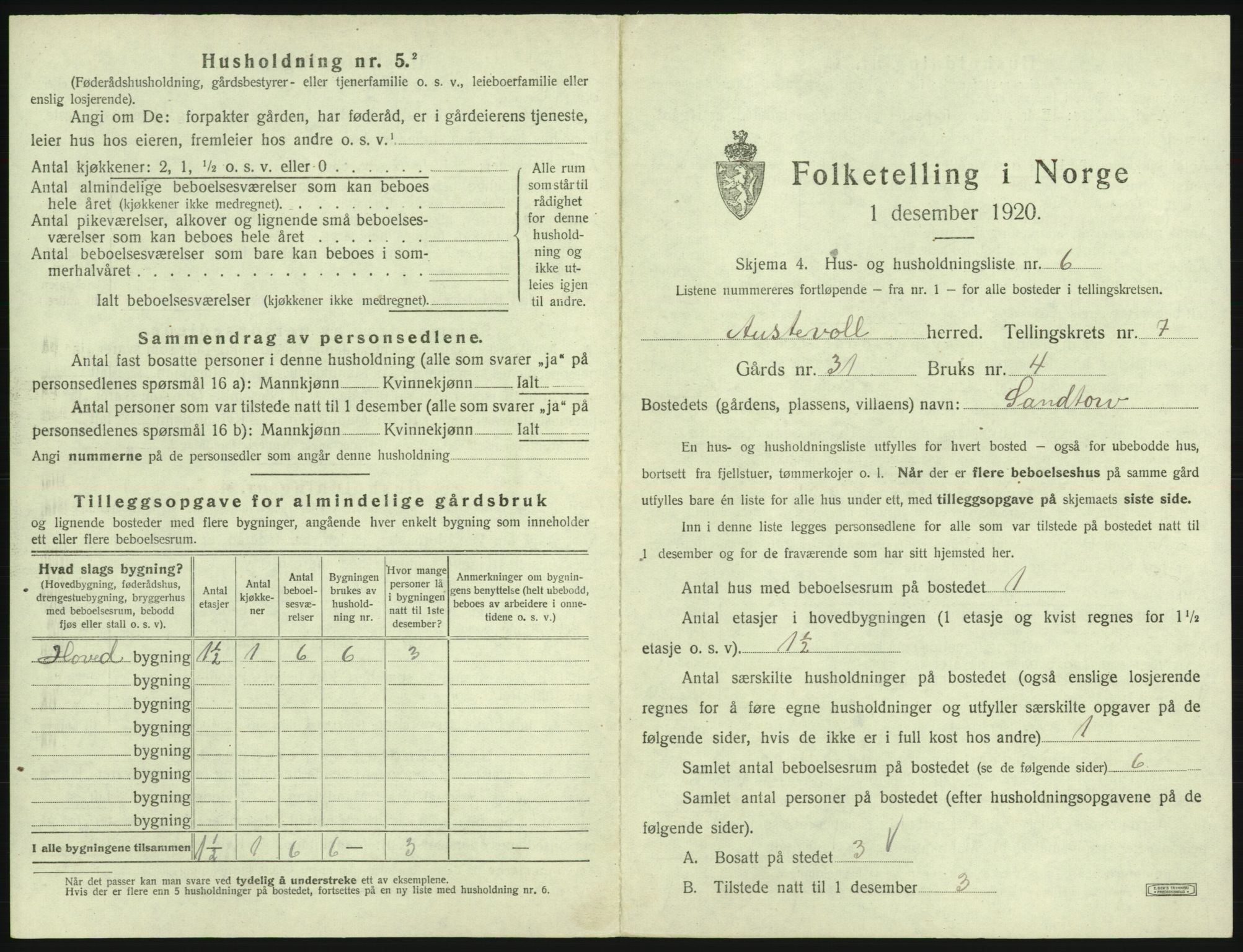 SAB, 1920 census for Austevoll, 1920, p. 463