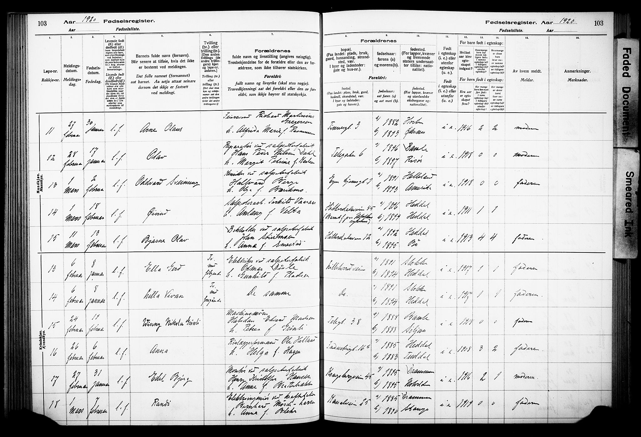 Notodden kirkebøker, AV/SAKO-A-290/J/Ja/L0001: Birth register no. 1, 1916-1924, p. 103