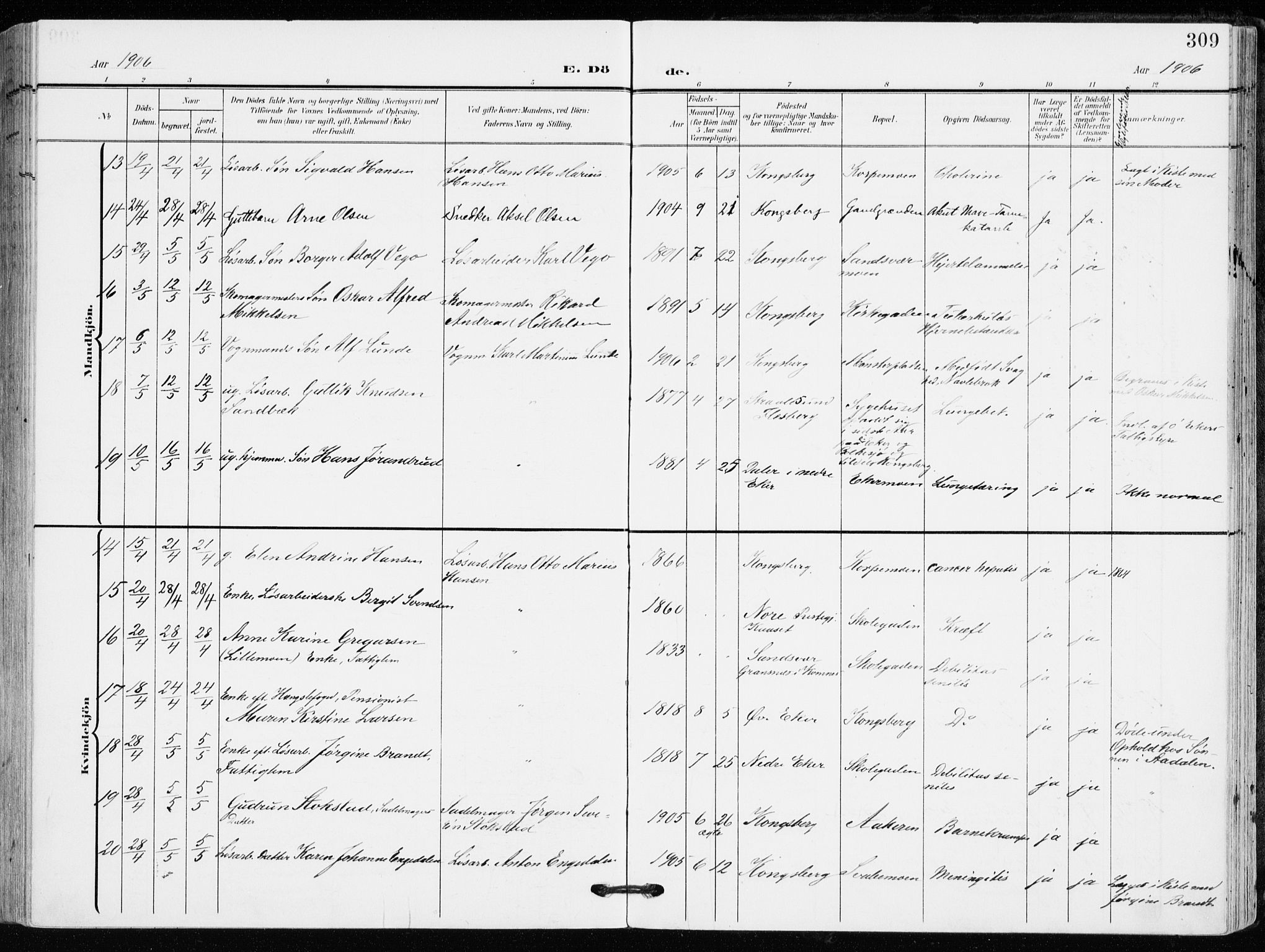 Kongsberg kirkebøker, AV/SAKO-A-22/F/Fb/L0004: Parish register (official) no. II 4, 1906-1918, p. 309