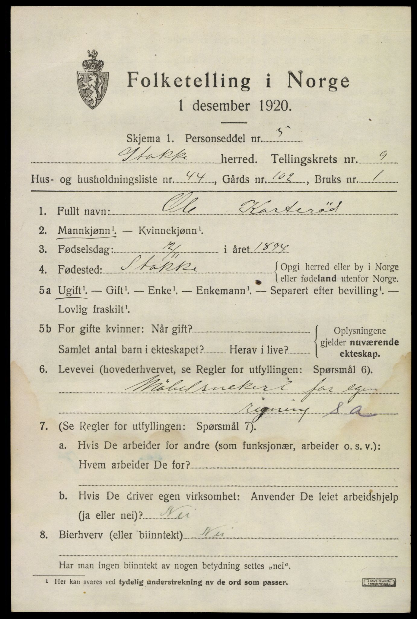 SAKO, 1920 census for Stokke, 1920, p. 10904