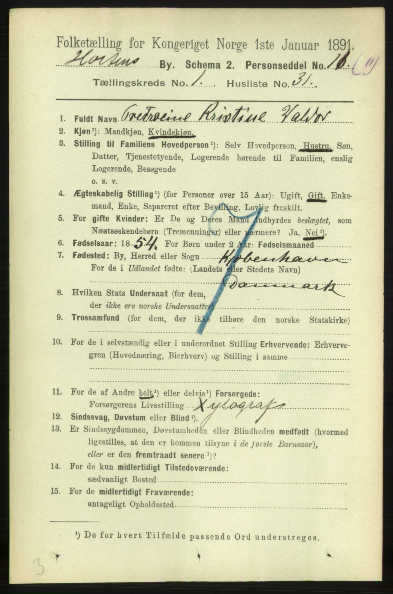 RA, 1891 census for 0703 Horten, 1891, p. 1830