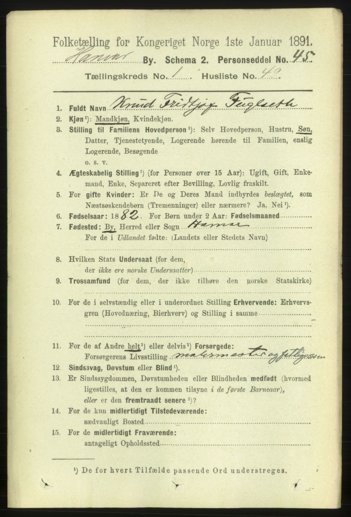 RA, 1891 census for 0401 Hamar, 1891, p. 855