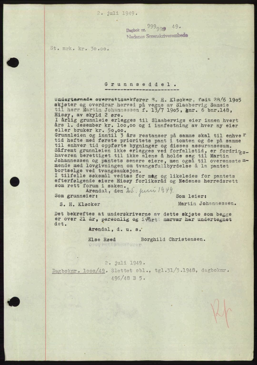 Nedenes sorenskriveri, SAK/1221-0006/G/Gb/Gba/L0061: Mortgage book no. A13, 1949-1949, Diary no: : 999/1949