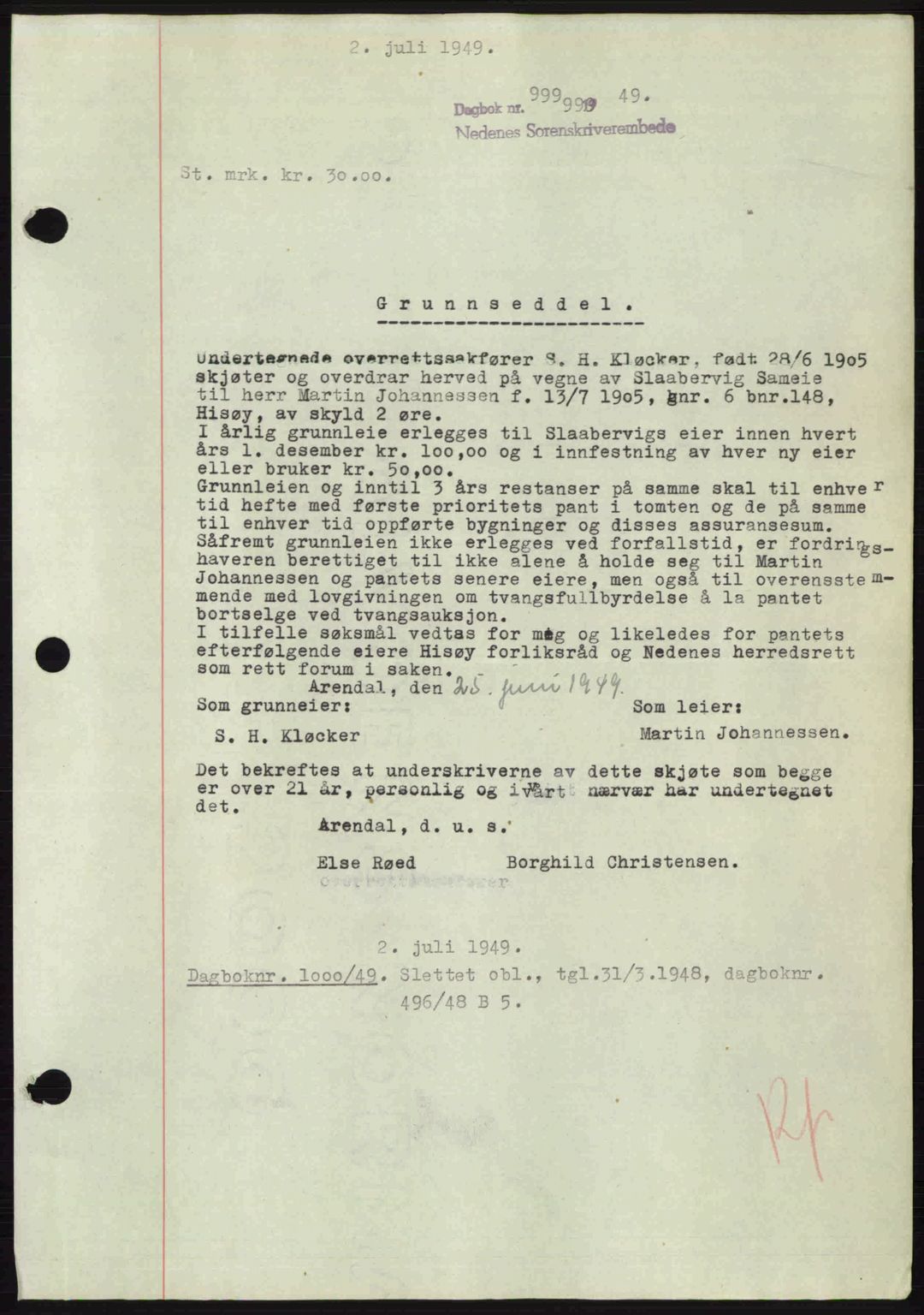 Nedenes sorenskriveri, AV/SAK-1221-0006/G/Gb/Gba/L0061: Mortgage book no. A13, 1949-1949, Diary no: : 999/1949