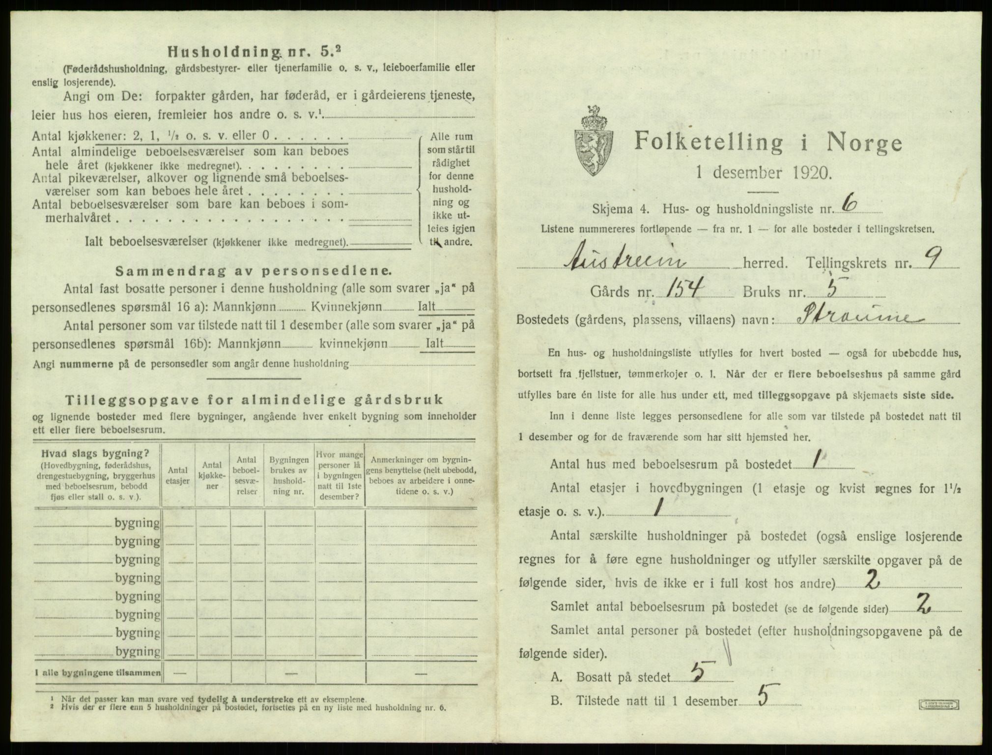 SAB, 1920 census for Austrheim, 1920, p. 431