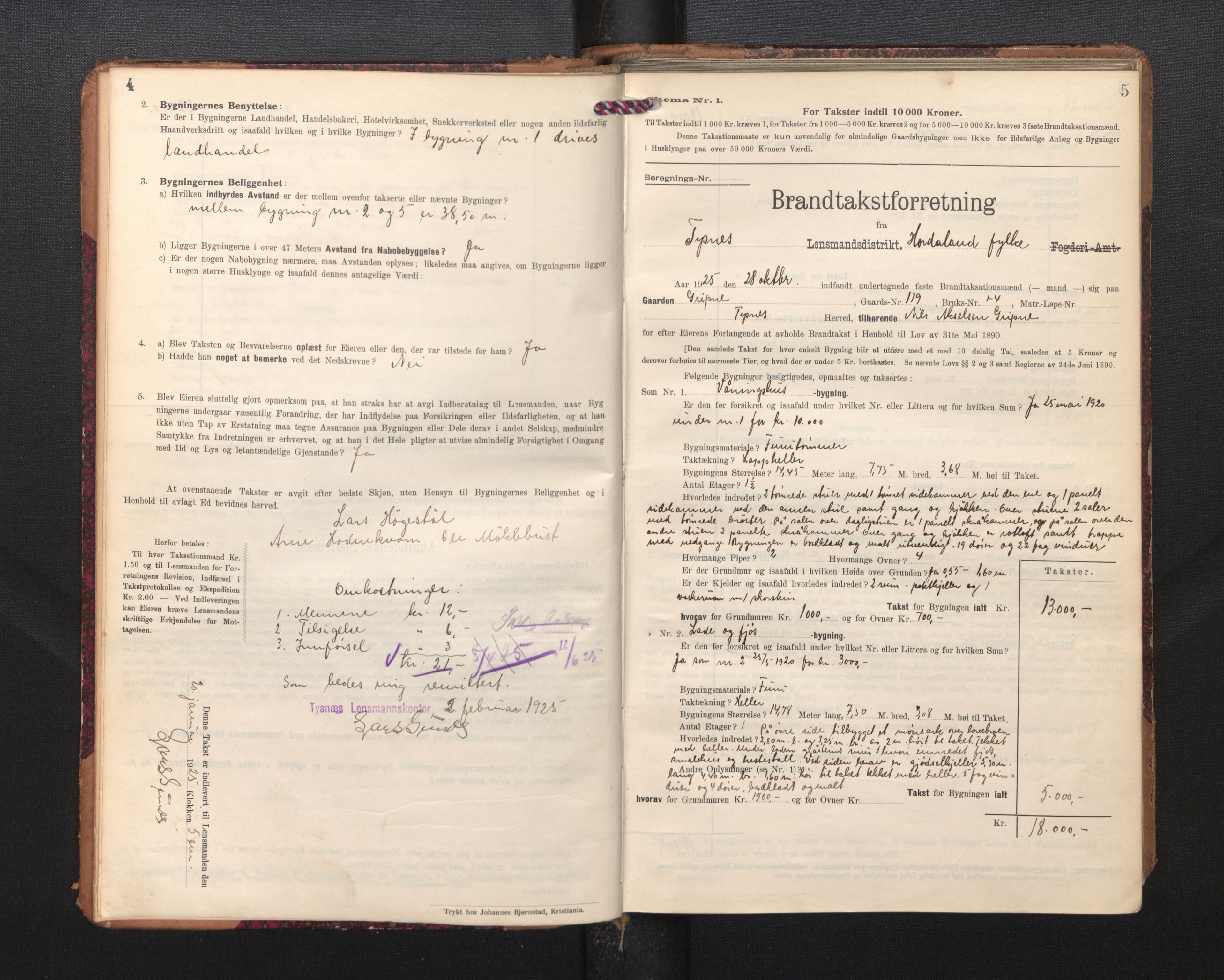 Lensmannen i Tysnes, SAB/A-35401/0012/L0005: Branntakstprotokoll, skjematakst, 1909-1934, p. 4-5