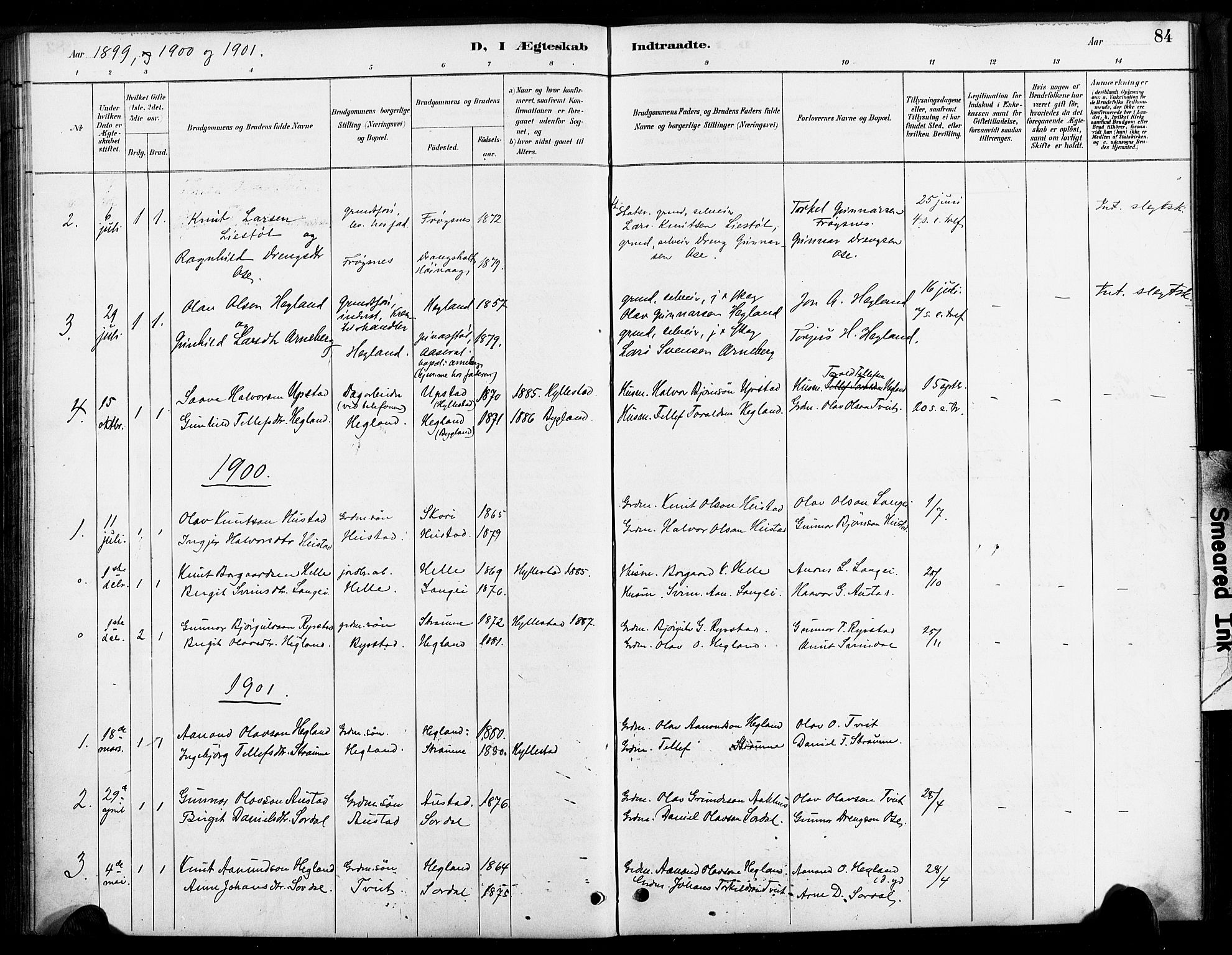 Bygland sokneprestkontor, SAK/1111-0006/F/Fa/Faa/L0001: Parish register (official) no. A 1, 1885-1908, p. 84