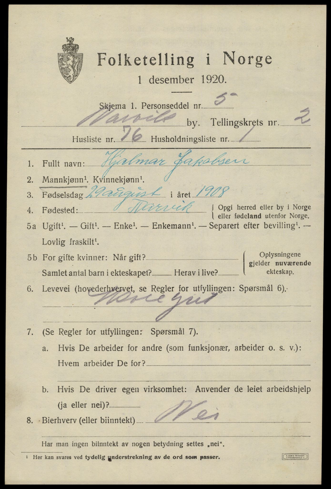 SAT, 1920 census for Narvik, 1920, p. 9658