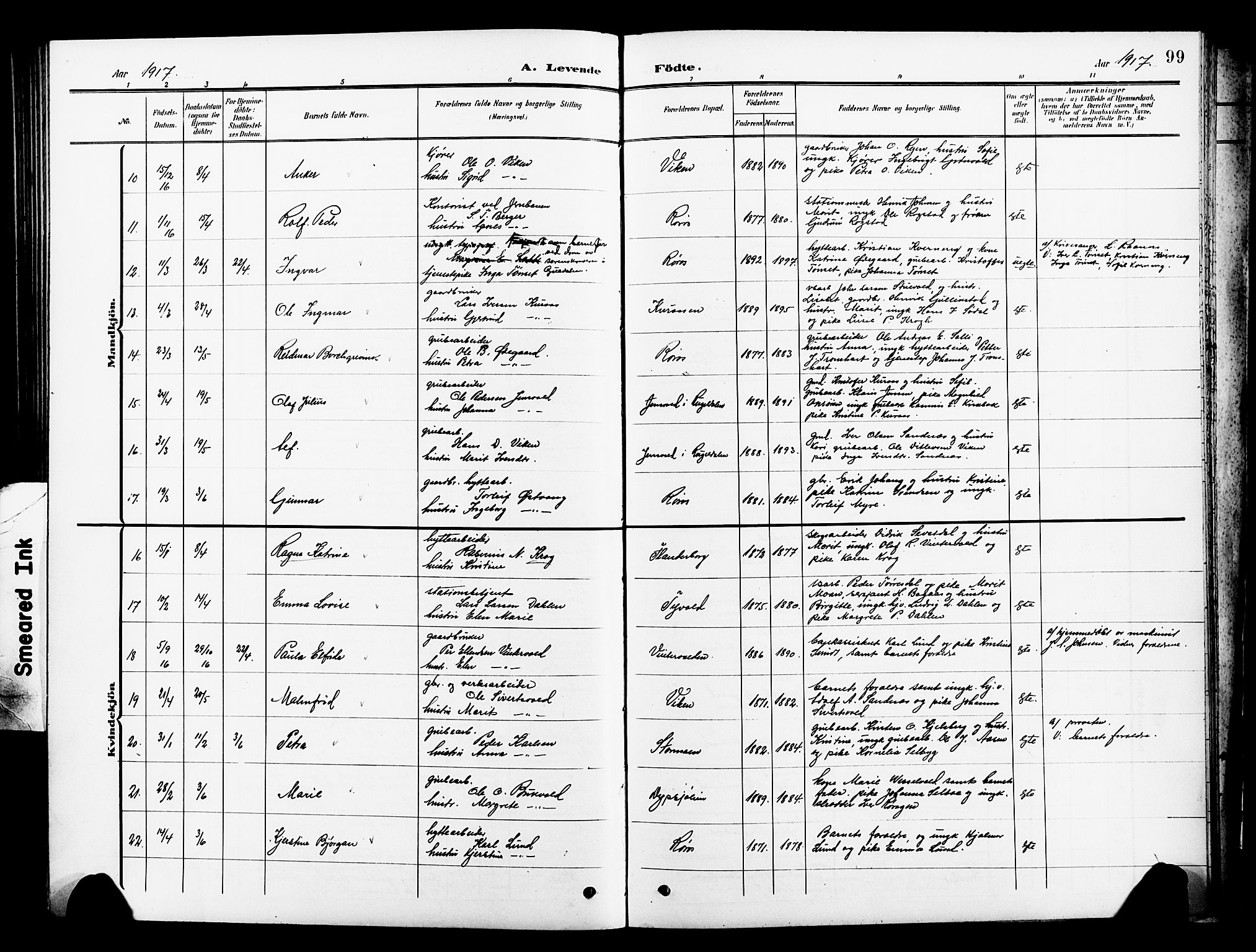 Ministerialprotokoller, klokkerbøker og fødselsregistre - Sør-Trøndelag, AV/SAT-A-1456/681/L0942: Parish register (copy) no. 681C06, 1906-1925, p. 99