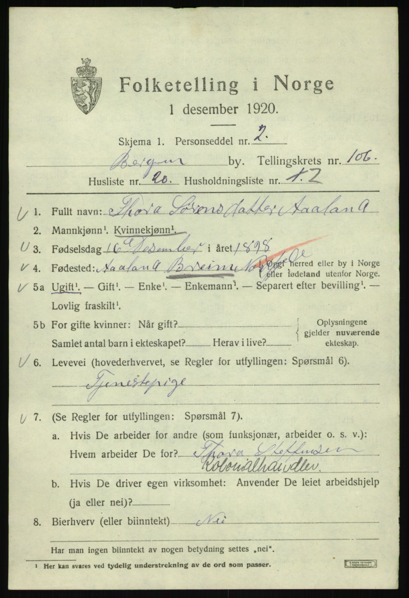 SAB, 1920 census for Bergen, 1920, p. 184776