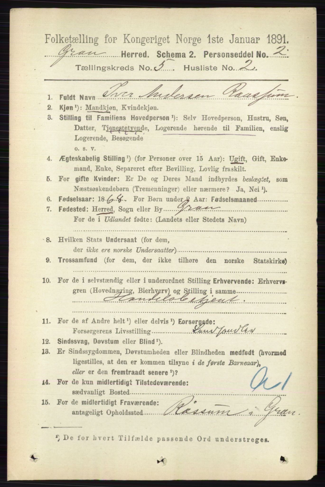 RA, 1891 census for 0534 Gran, 1891, p. 1619