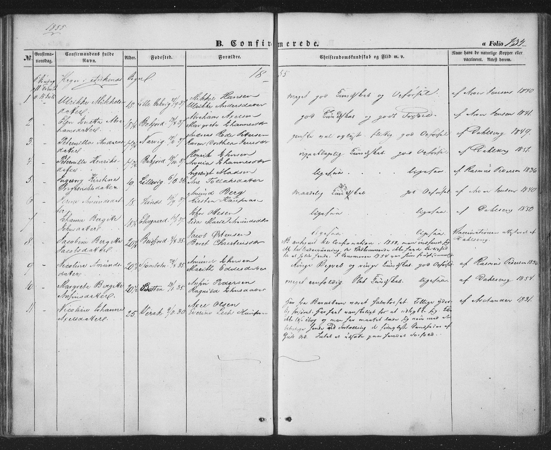 Ministerialprotokoller, klokkerbøker og fødselsregistre - Nordland, AV/SAT-A-1459/863/L0895: Parish register (official) no. 863A07, 1851-1860, p. 134