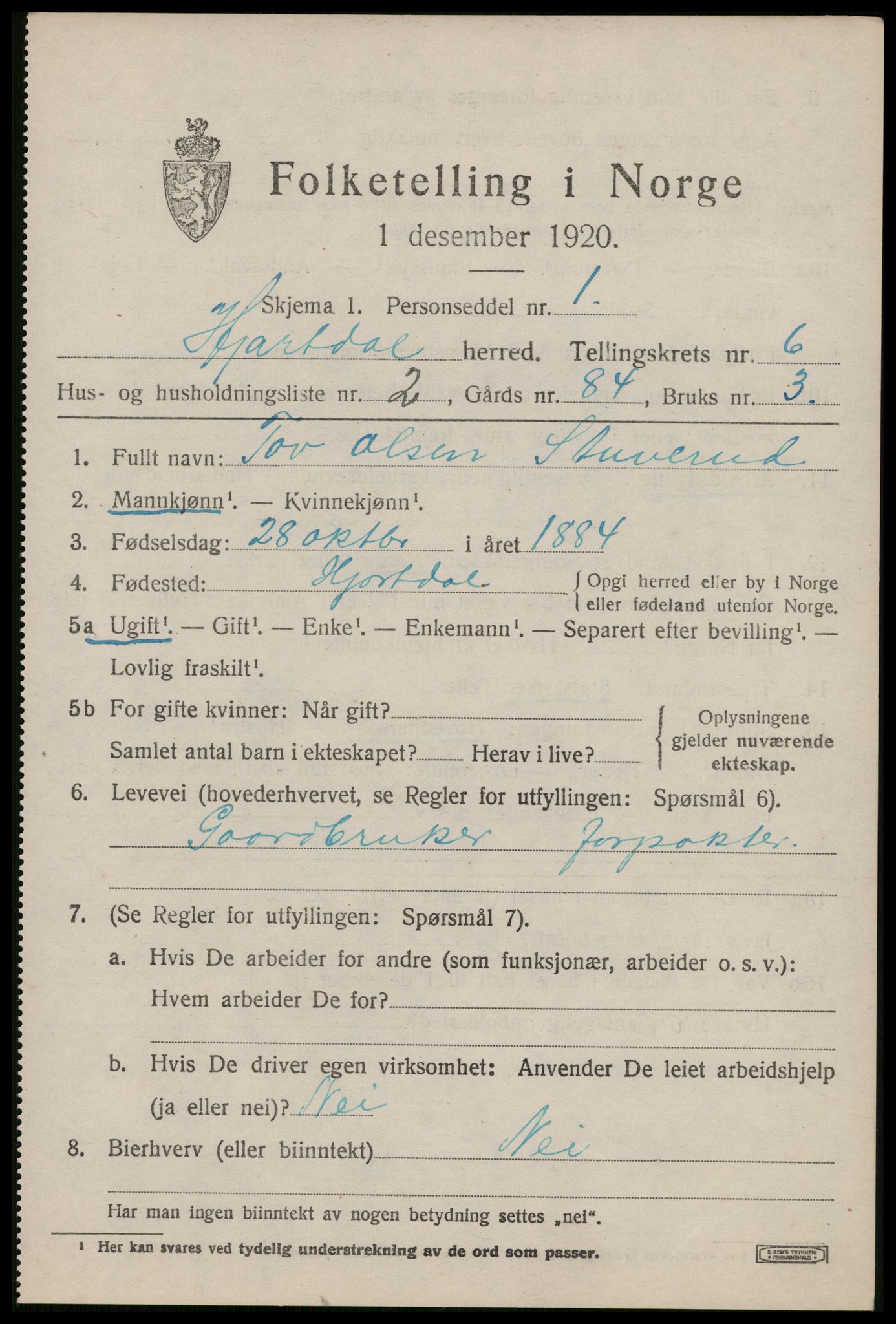 SAKO, 1920 census for Hjartdal, 1920, p. 4034