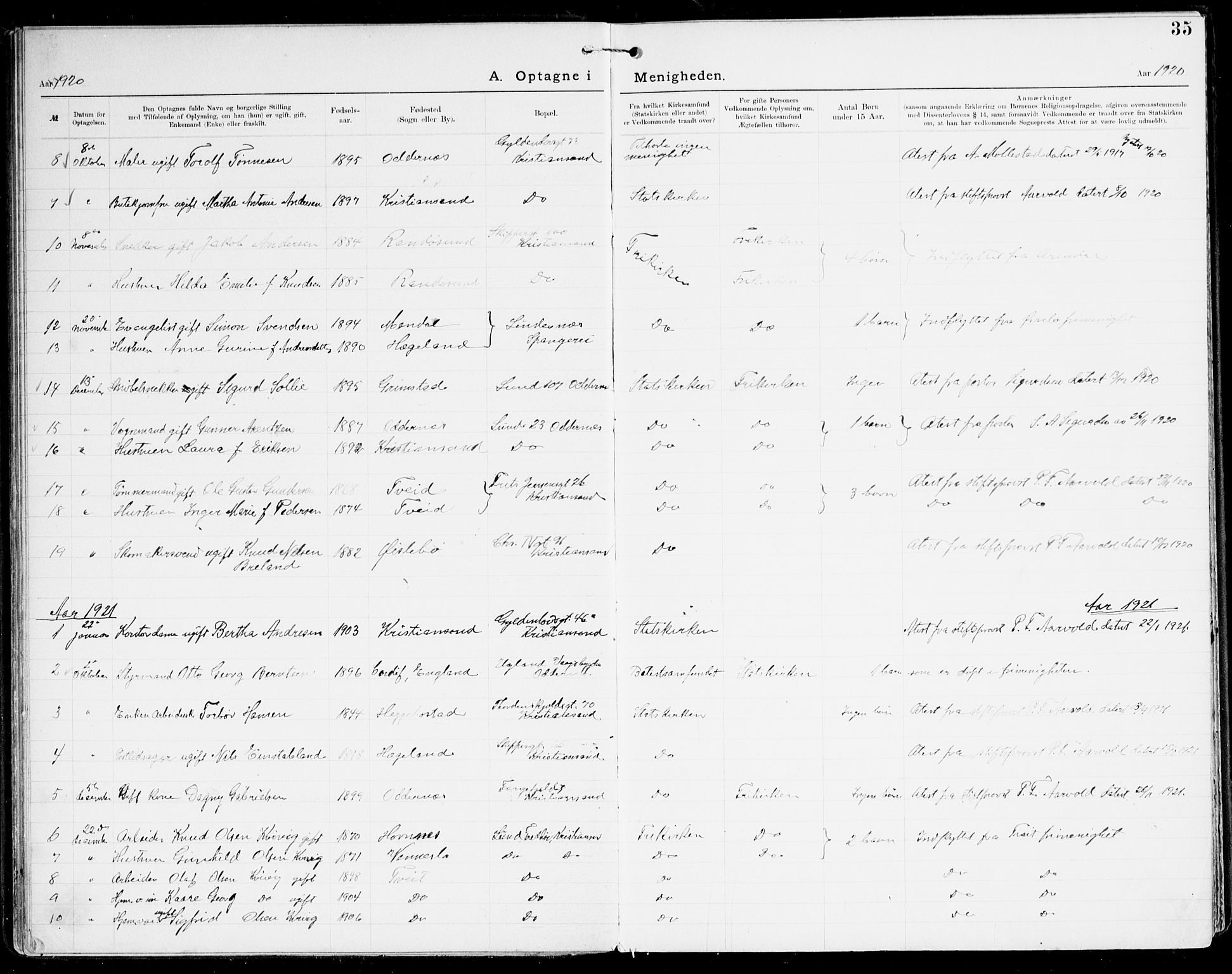 Den evangelisk-lutherske frikirke, Kristiansand, SAK/1292-0017/F/Fa/L0003: Dissenter register no. F 11, 1892-1925, p. 35