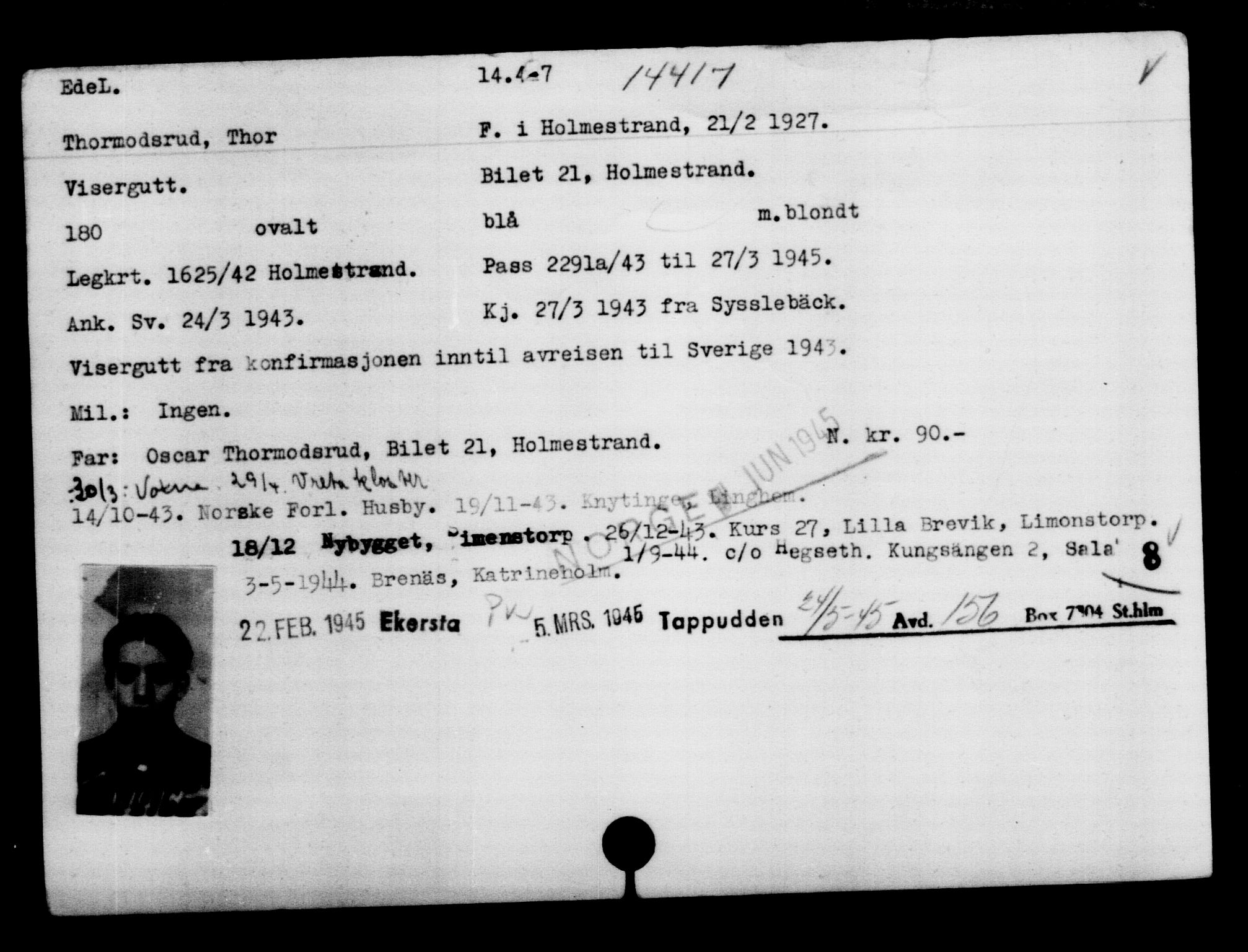 Utenriksstasjonene, Legasjonen i Stockholm, Flyktningkontoret, AV/RA-S-6753/V/Va/L0007: Kjesäterkartoteket, flyktninger med registreringsnr. 12700-15723, 1940-1945, p. 1984