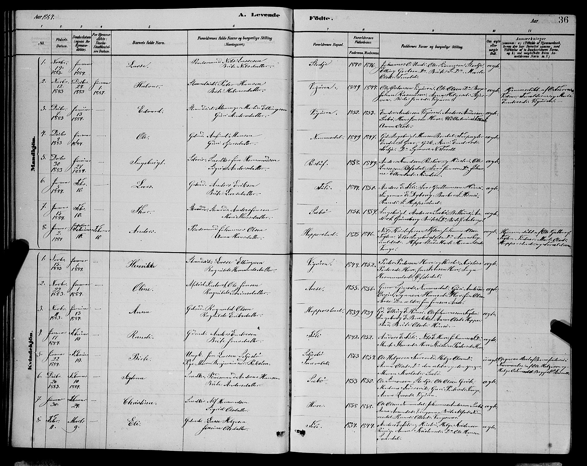 Vik sokneprestembete, AV/SAB-A-81501/H/Hab/Haba/L0003: Parish register (copy) no. A 3, 1878-1894, p. 36