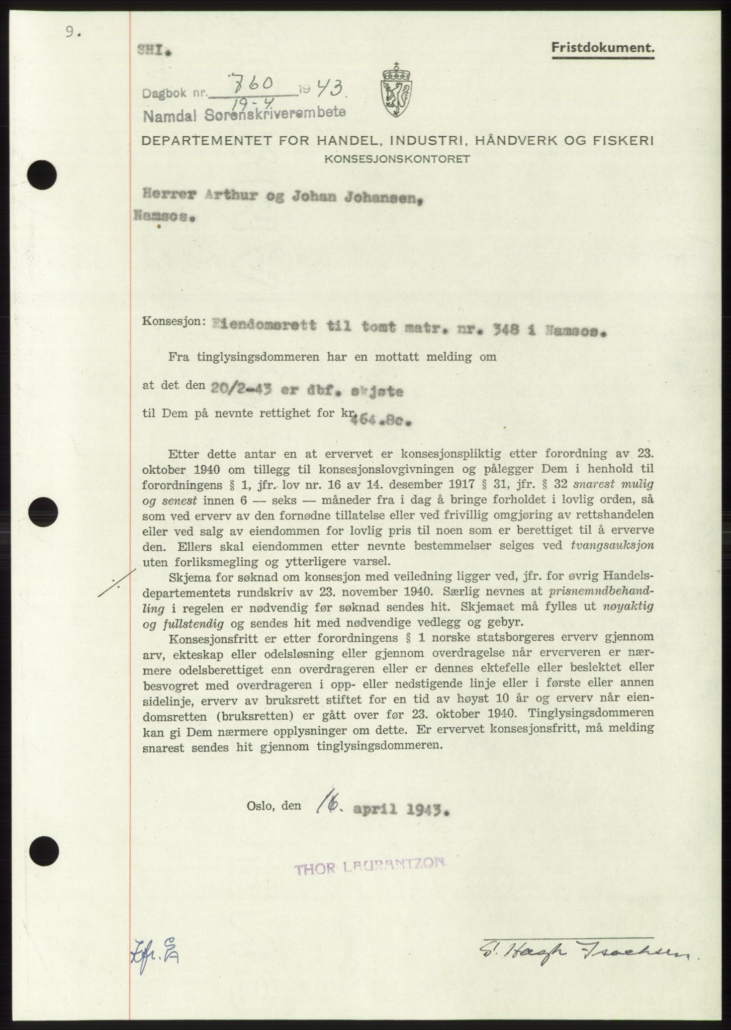Namdal sorenskriveri, AV/SAT-A-4133/1/2/2C: Mortgage book no. -, 1942-1943, Diary no: : 760/1943