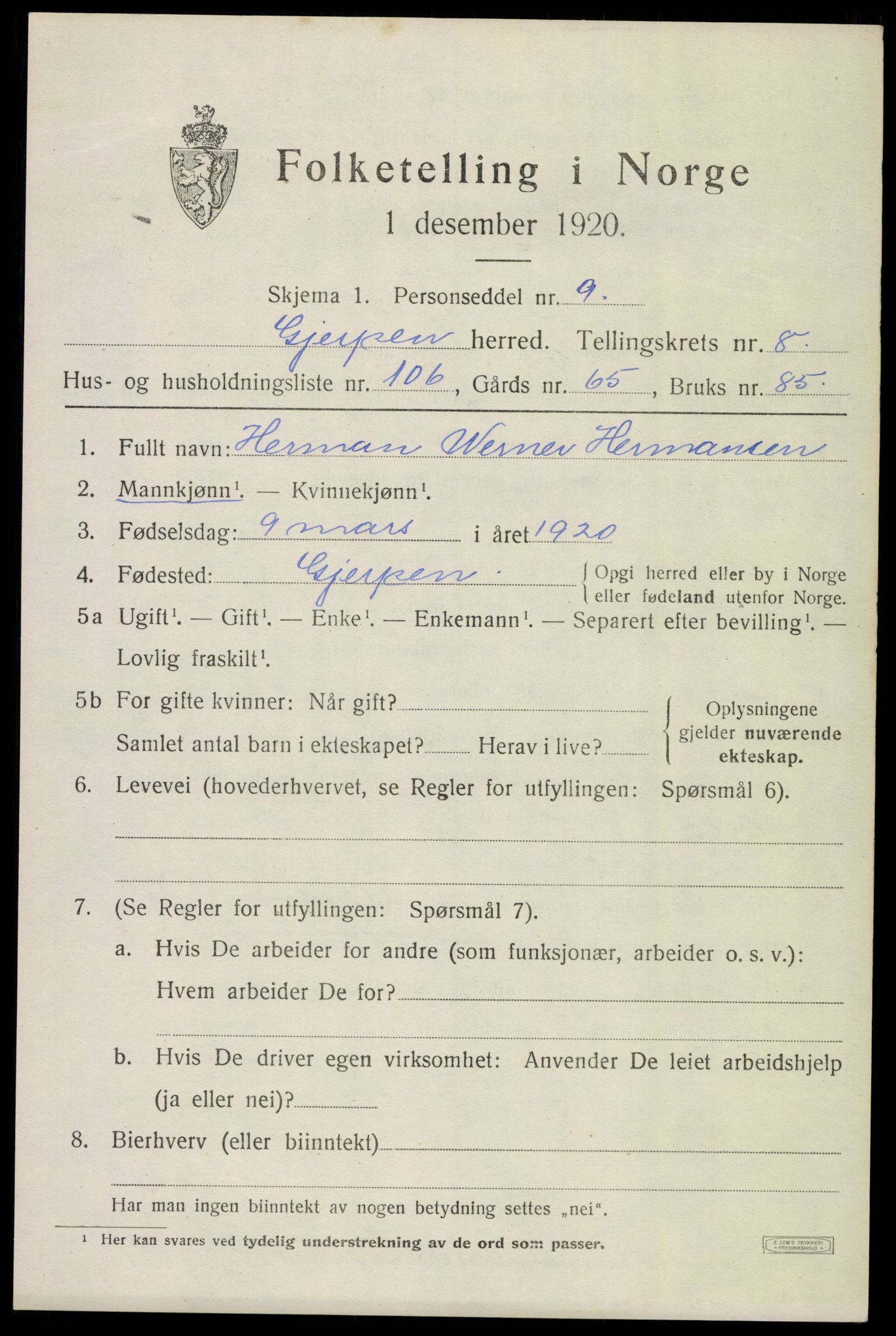 SAKO, 1920 census for Gjerpen, 1920, p. 10768