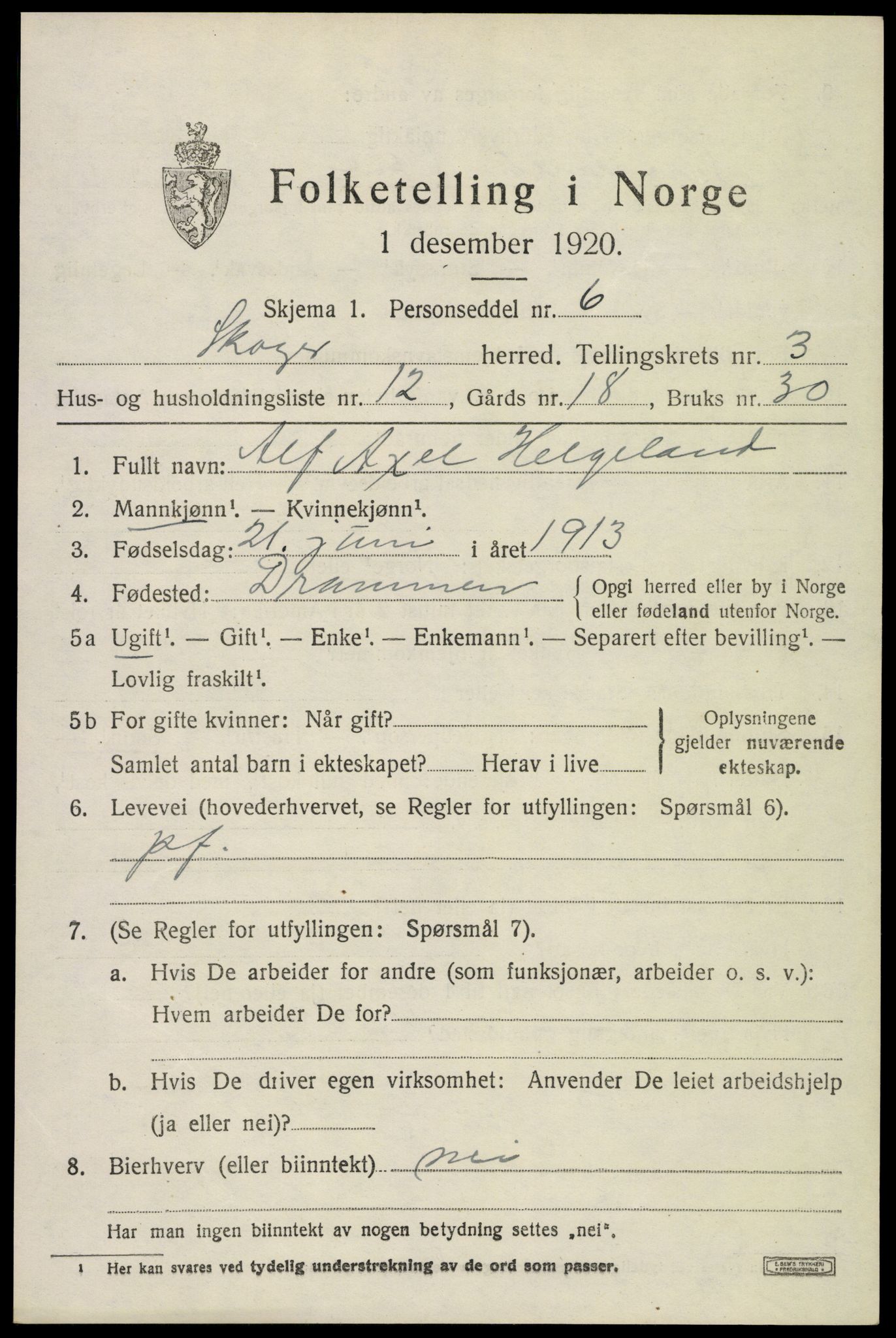 SAKO, 1920 census for Skoger, 1920, p. 7503