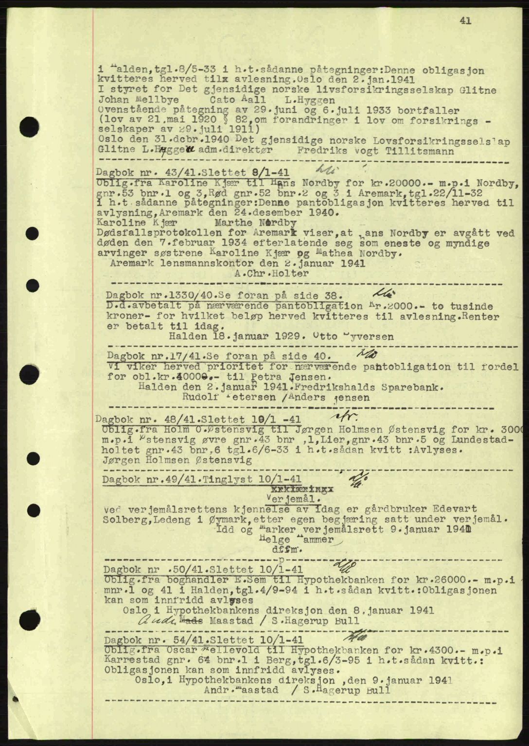 Idd og Marker sorenskriveri, AV/SAO-A-10283/G/Gb/Gbc/L0002: Mortgage book no. B4-9a, 1939-1945, Diary no: : 43/1941