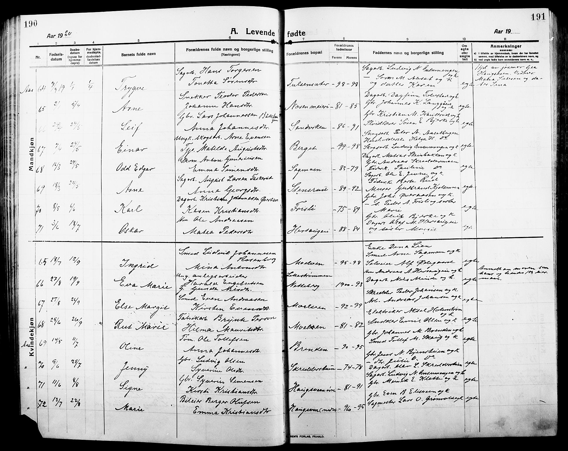 Ringsaker prestekontor, SAH/PREST-014/L/La/L0018: Parish register (copy) no. 18, 1913-1922, p. 190-191