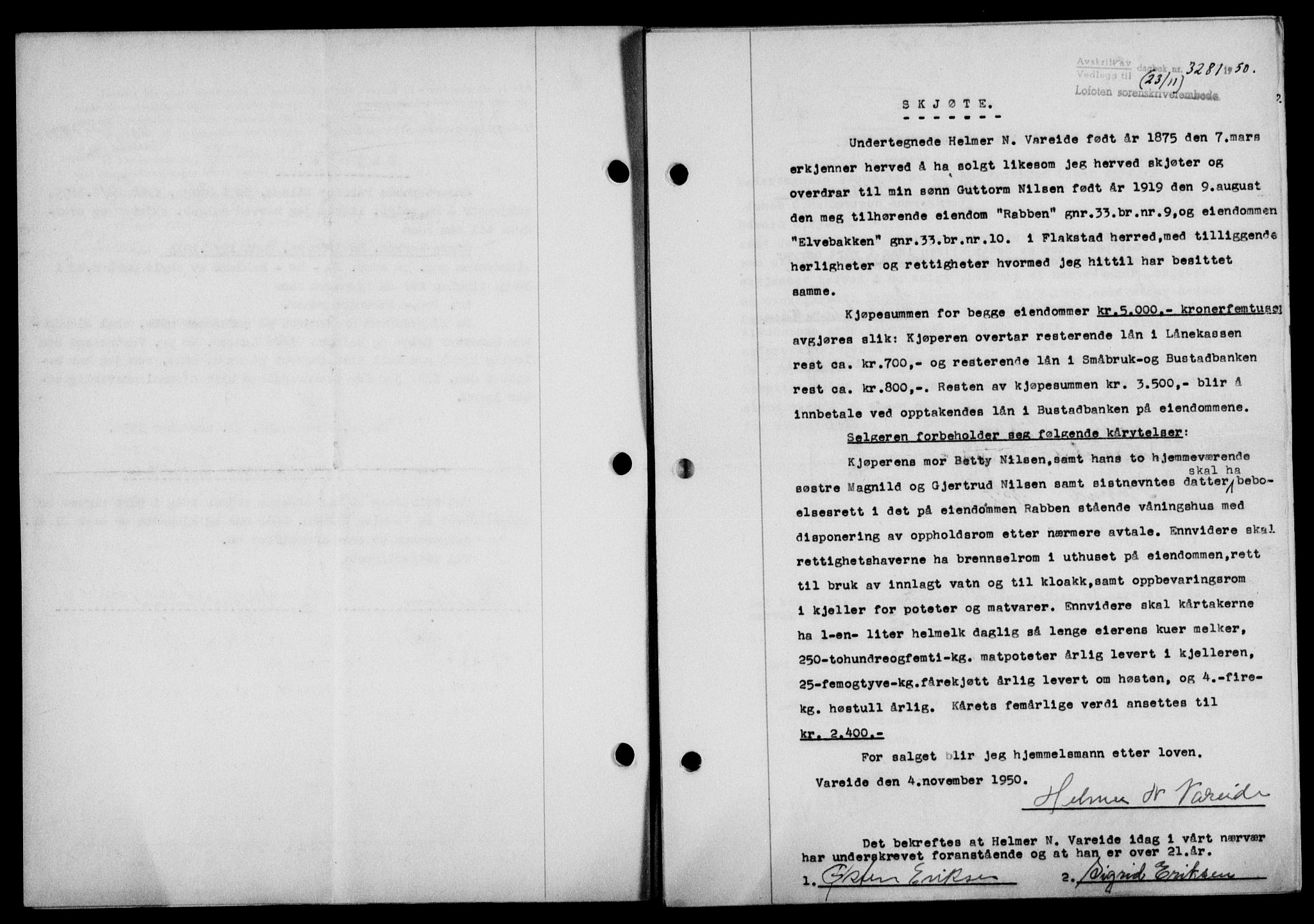Lofoten sorenskriveri, SAT/A-0017/1/2/2C/L0025a: Mortgage book no. 25a, 1950-1951, Diary no: : 3281/1950