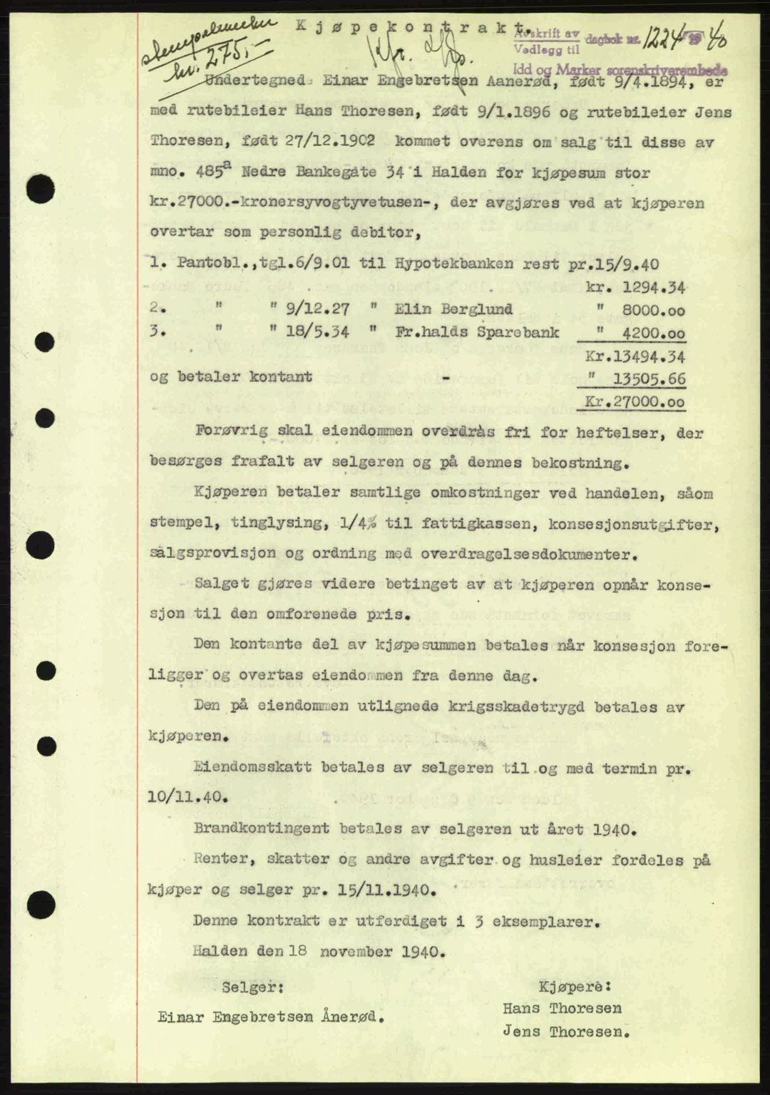 Idd og Marker sorenskriveri, AV/SAO-A-10283/G/Gb/Gbb/L0004: Mortgage book no. A4, 1940-1941, Diary no: : 1224/1940