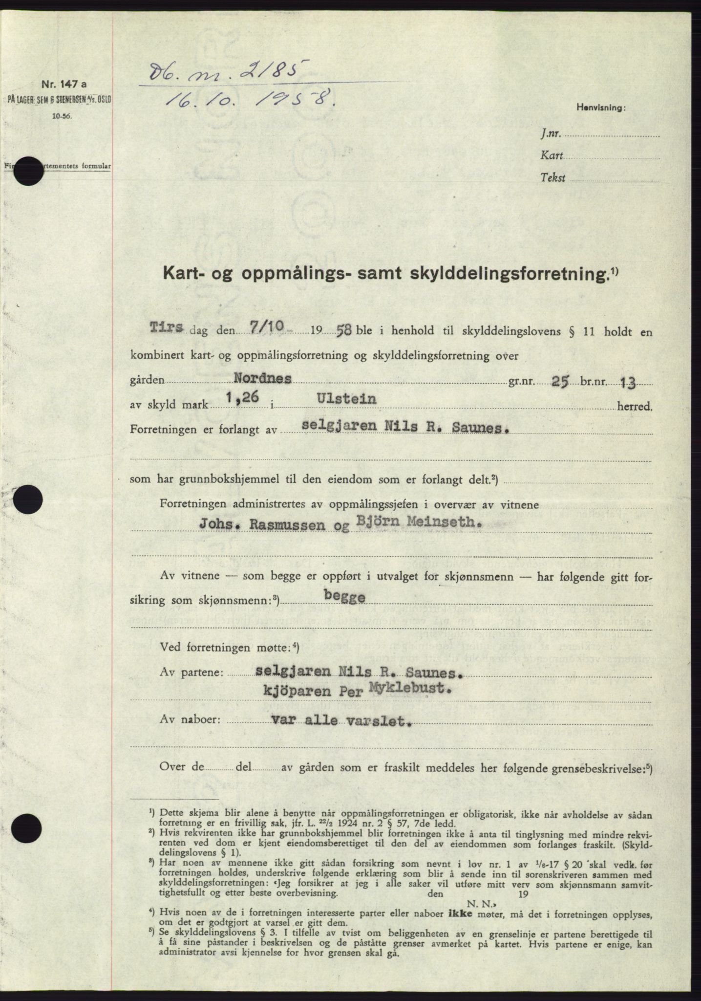 Søre Sunnmøre sorenskriveri, AV/SAT-A-4122/1/2/2C/L0110: Mortgage book no. 36A, 1958-1958, Diary no: : 2185/1958